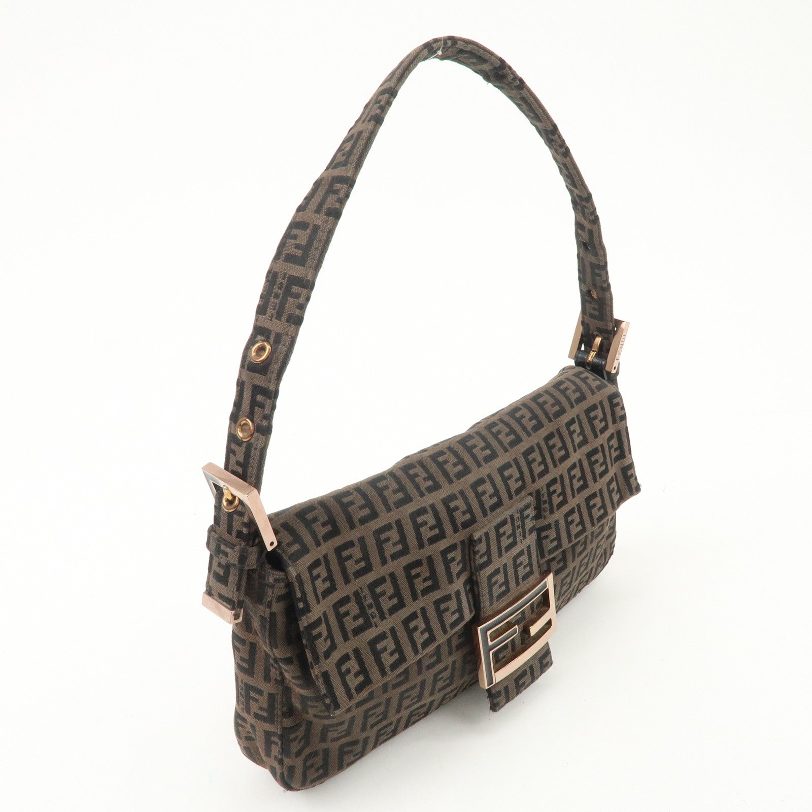 FENDI Mamma Baguette Canvas Shoulder Bag Brown Black 26424 Used