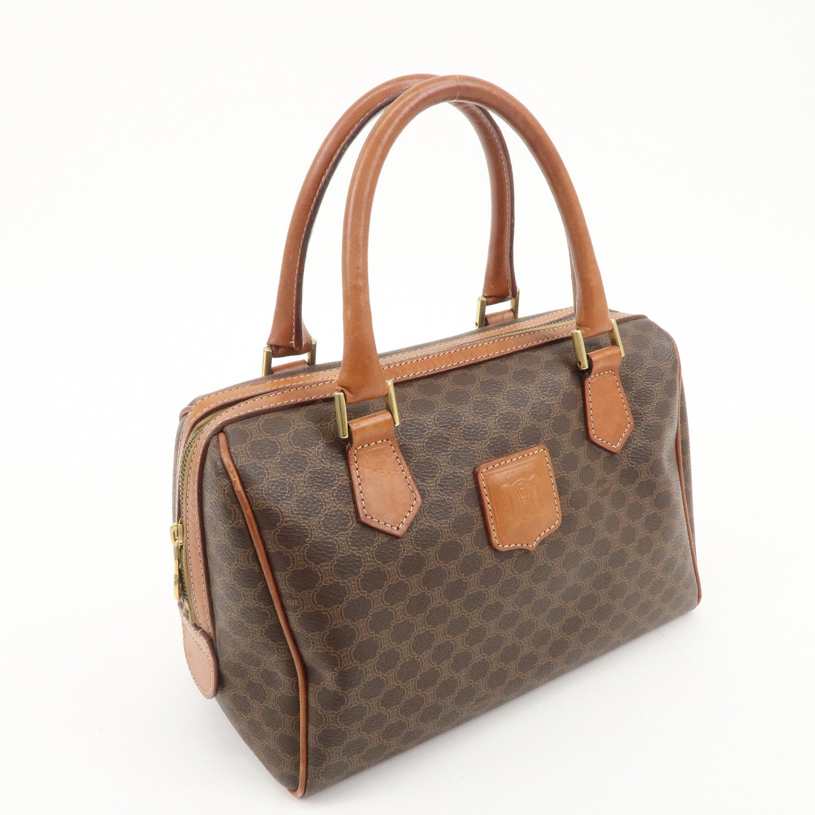 CELINE Macadam PVC Leather Boston Bag Hand Bag Brown Used