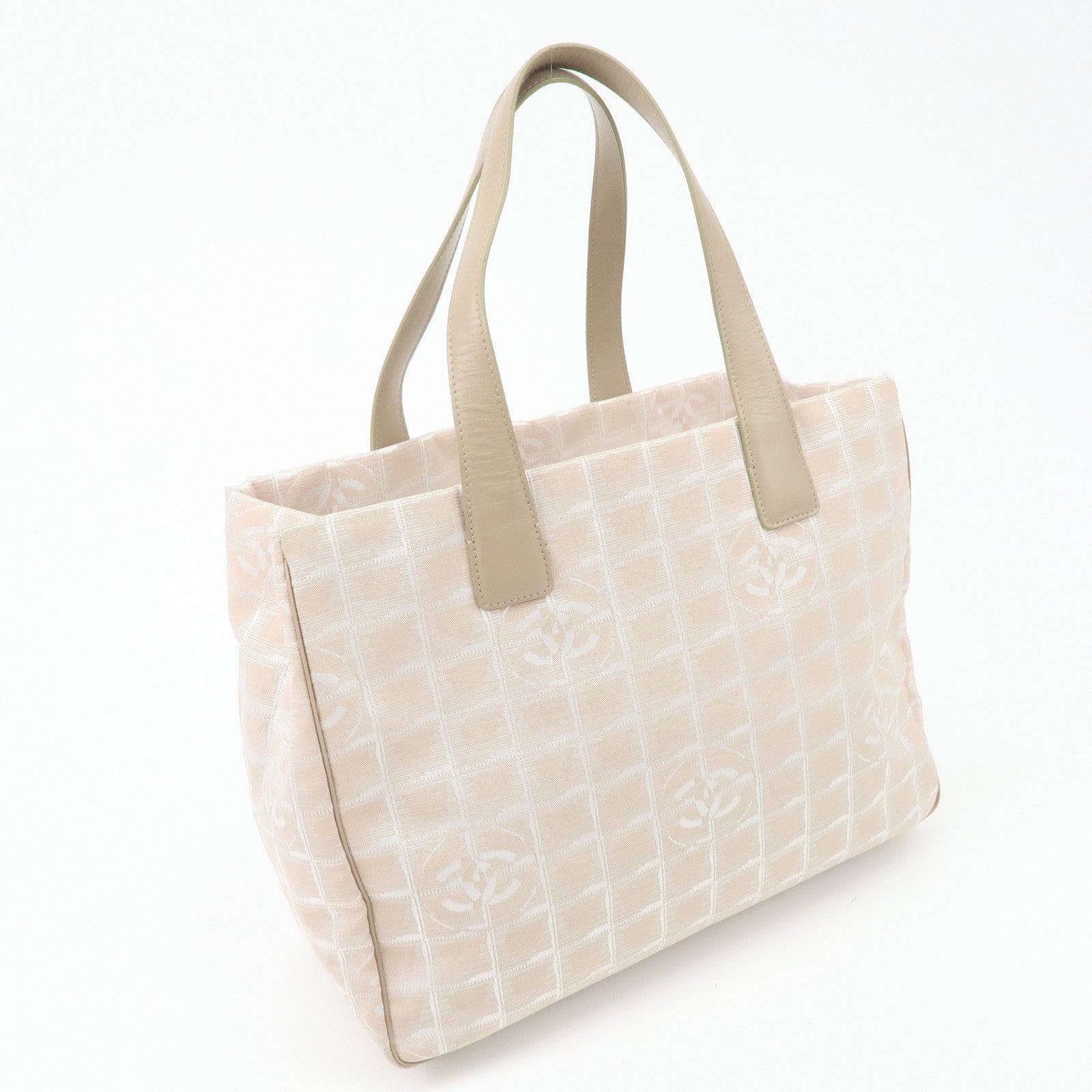 CHANEL New Travel Line Nylon Jacquard Leather Tote Bag Beige A15991 Used