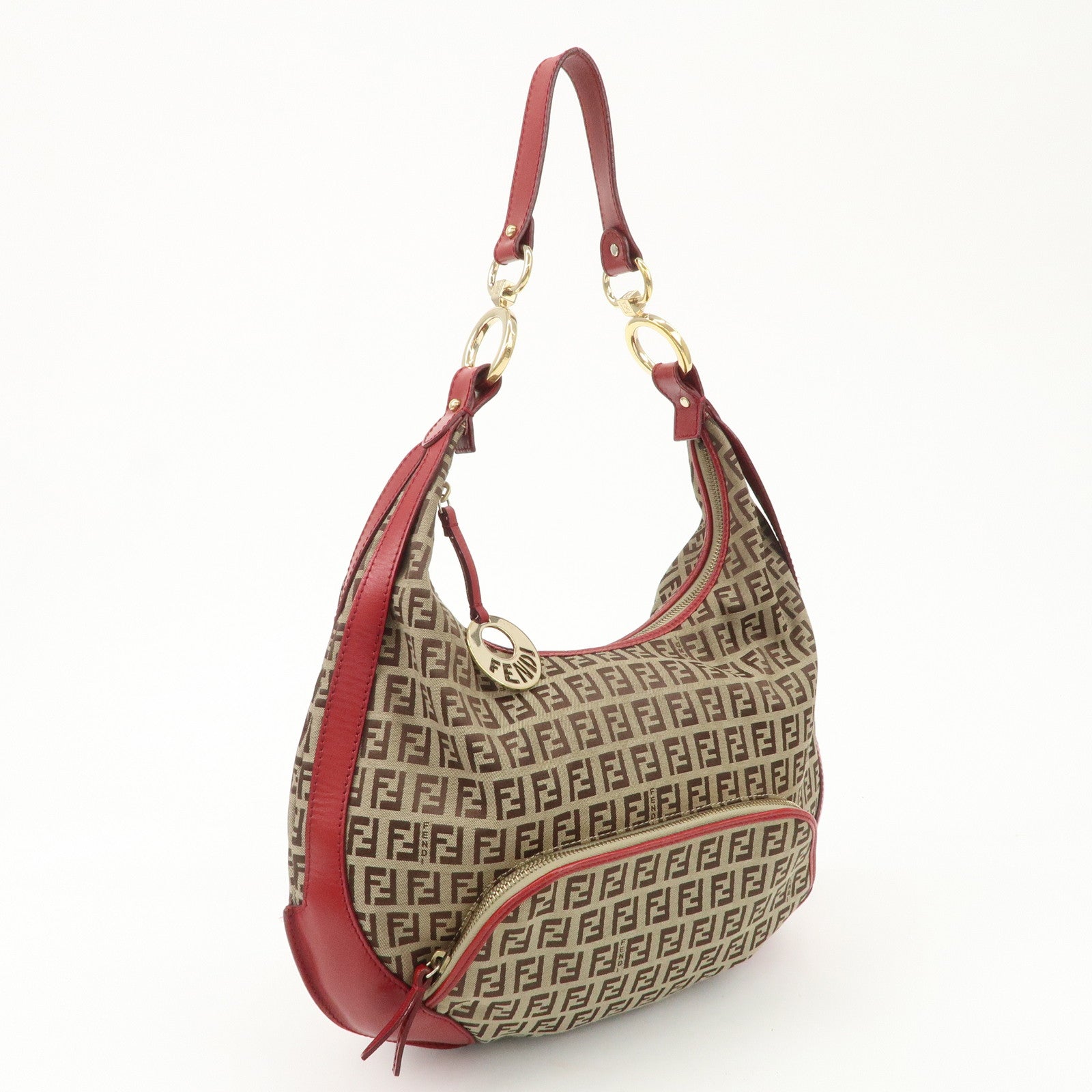 FENDI Zucchino Canvas Leather Shoulder Bag Khaki Brown Red 8BR465 Used