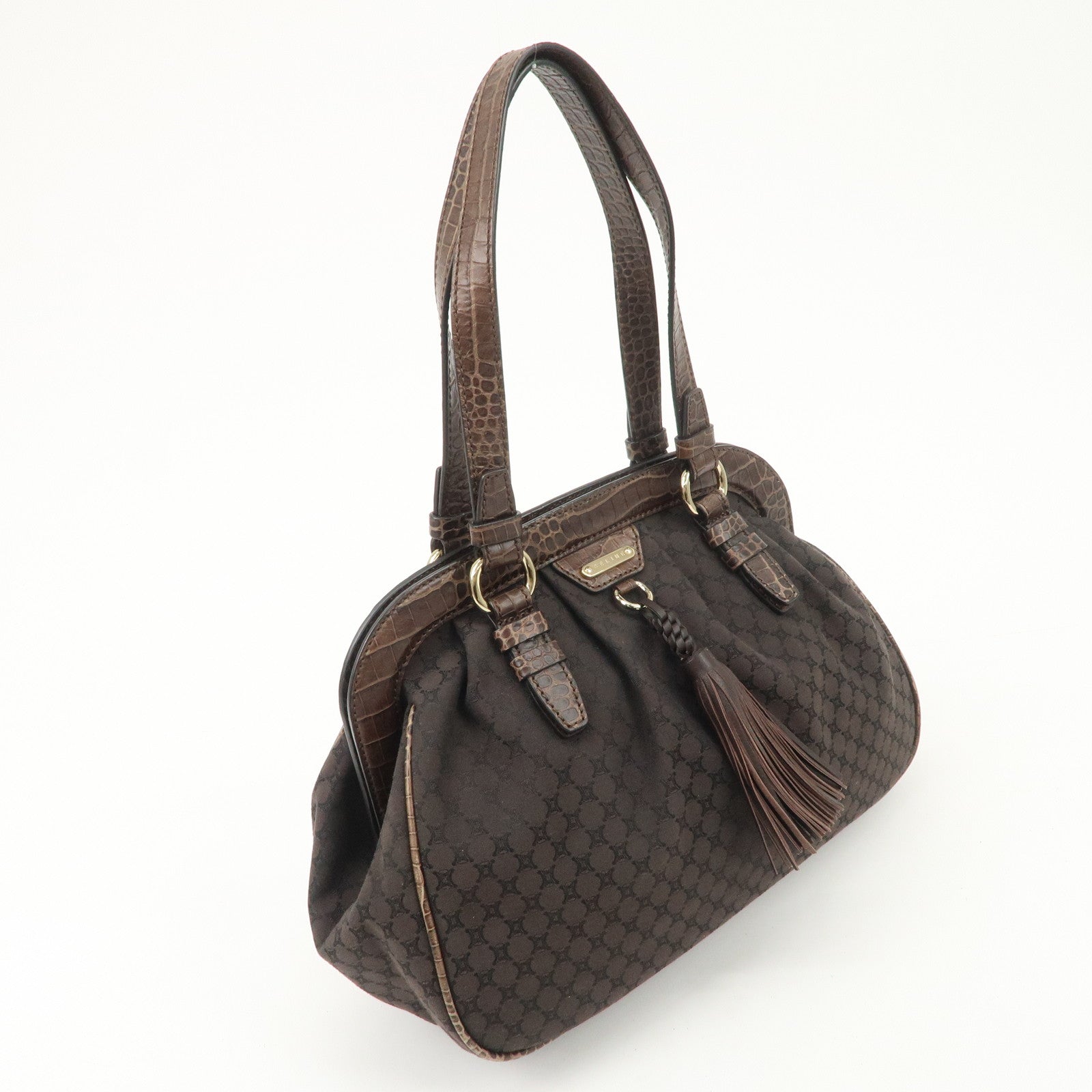 CELINE Macadam Canvas Leather Shoulder Bag Fringe Brown Used