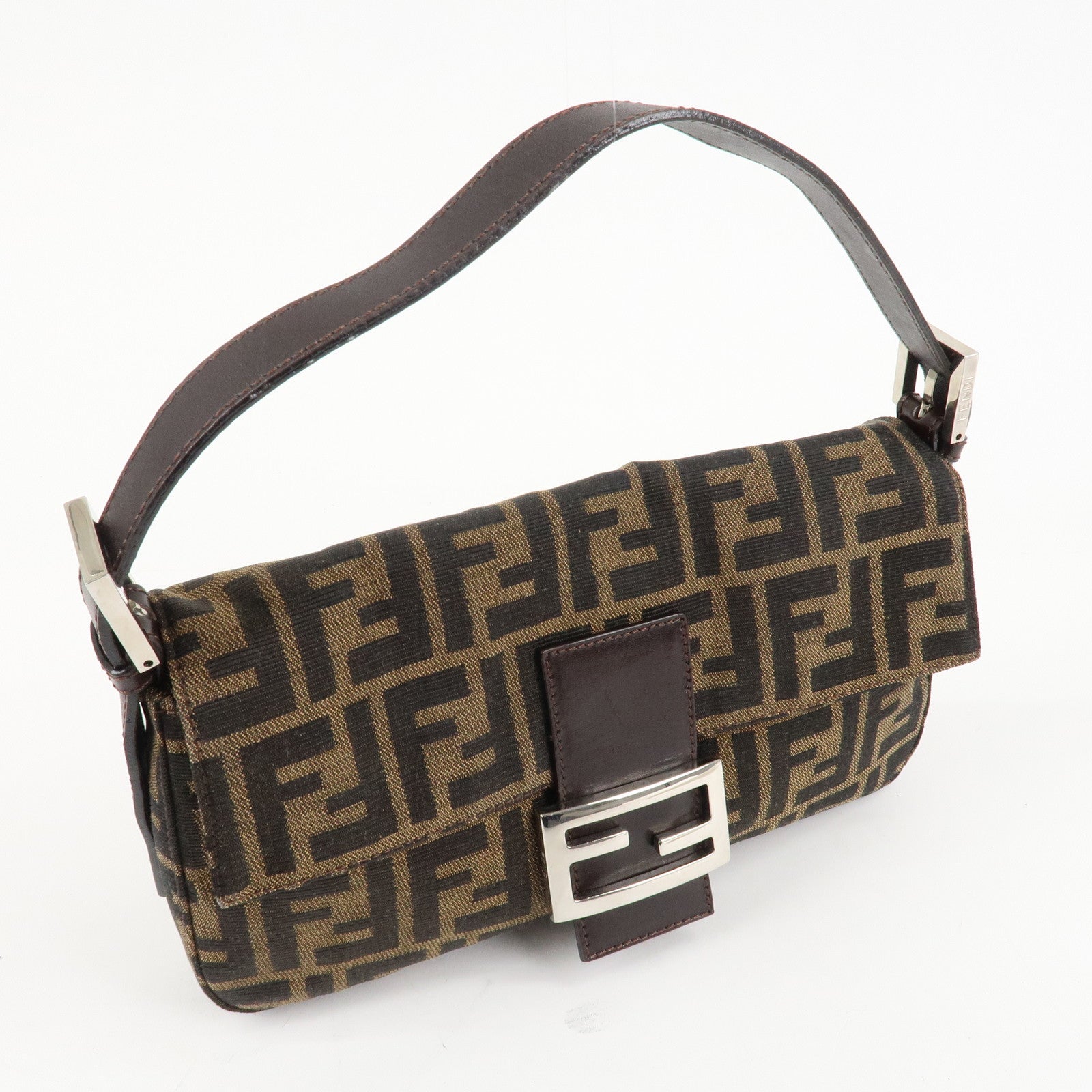 FENDI Mamma Baguette Zucca Canvas Shoulder Bag Brown Black 26424 Used
