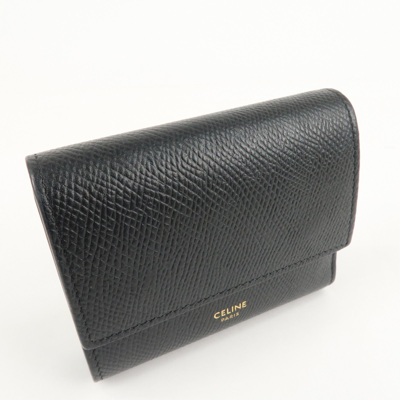 CELINE Logo Leather Small Tri-fold Wallet Black Used