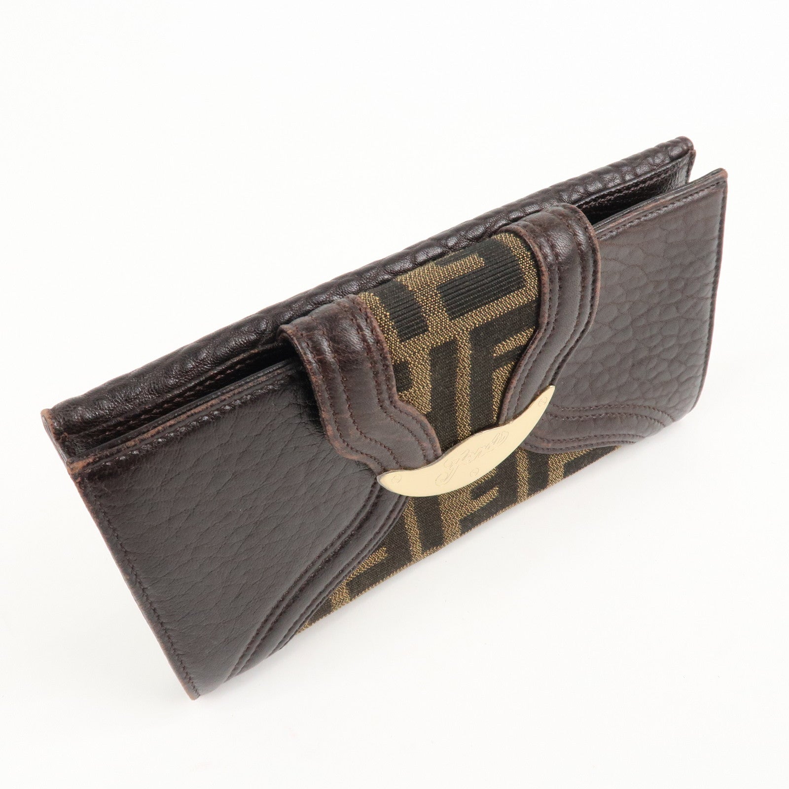 FENDI Zucca Canvas Leather W Hook Bifold Long Wallet 8N0032 Used