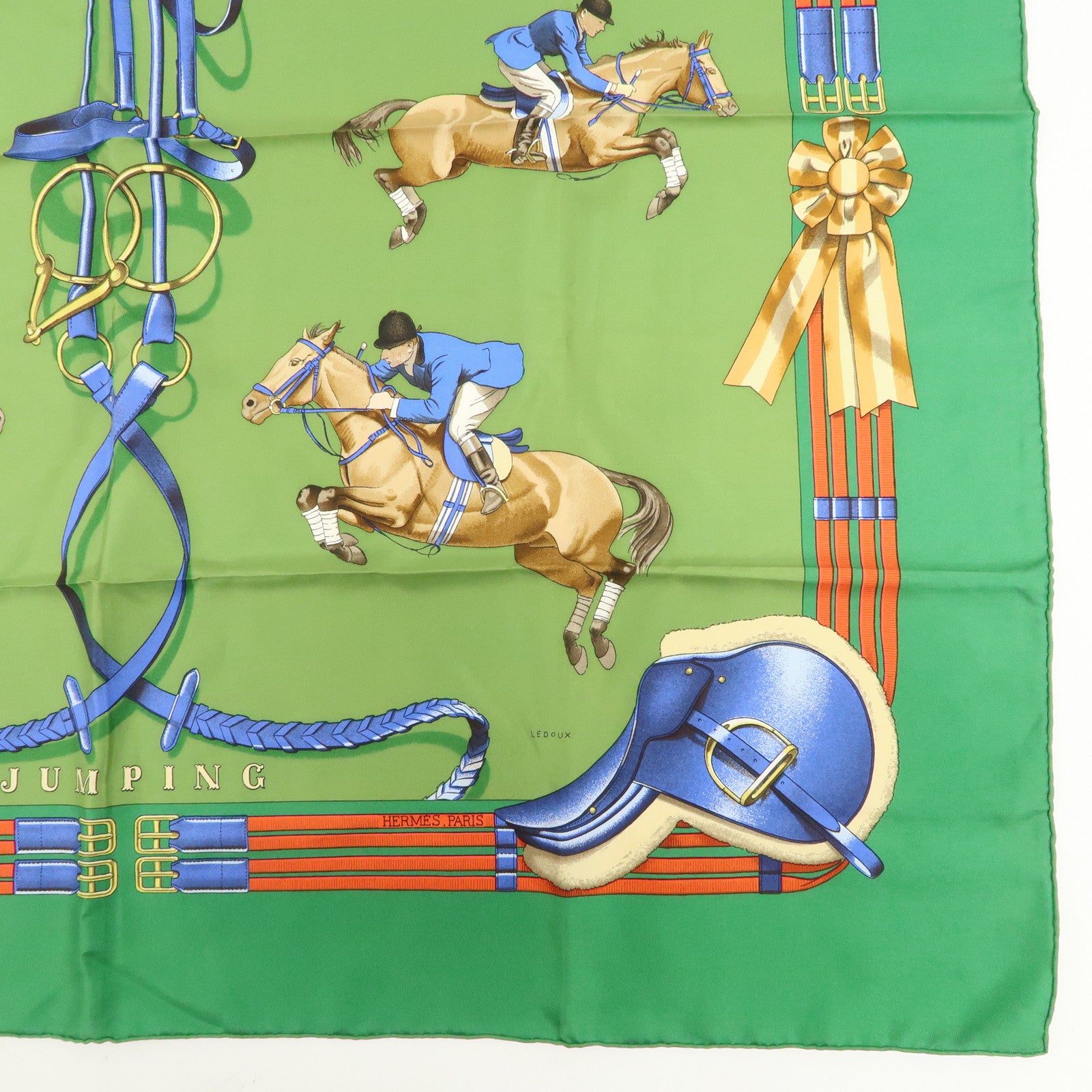 HERMES Carre 90 100% Silk Scarf JUMPING Riding Horse Green Used