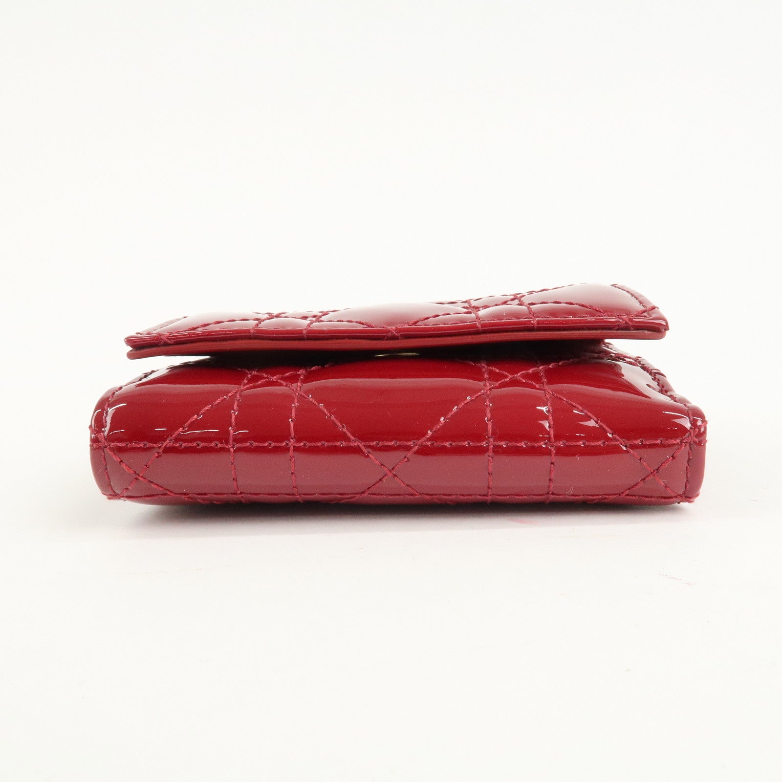 Christian Dior Cannage Lady Dior Leather Lotus Tri fold Wallet Red Used