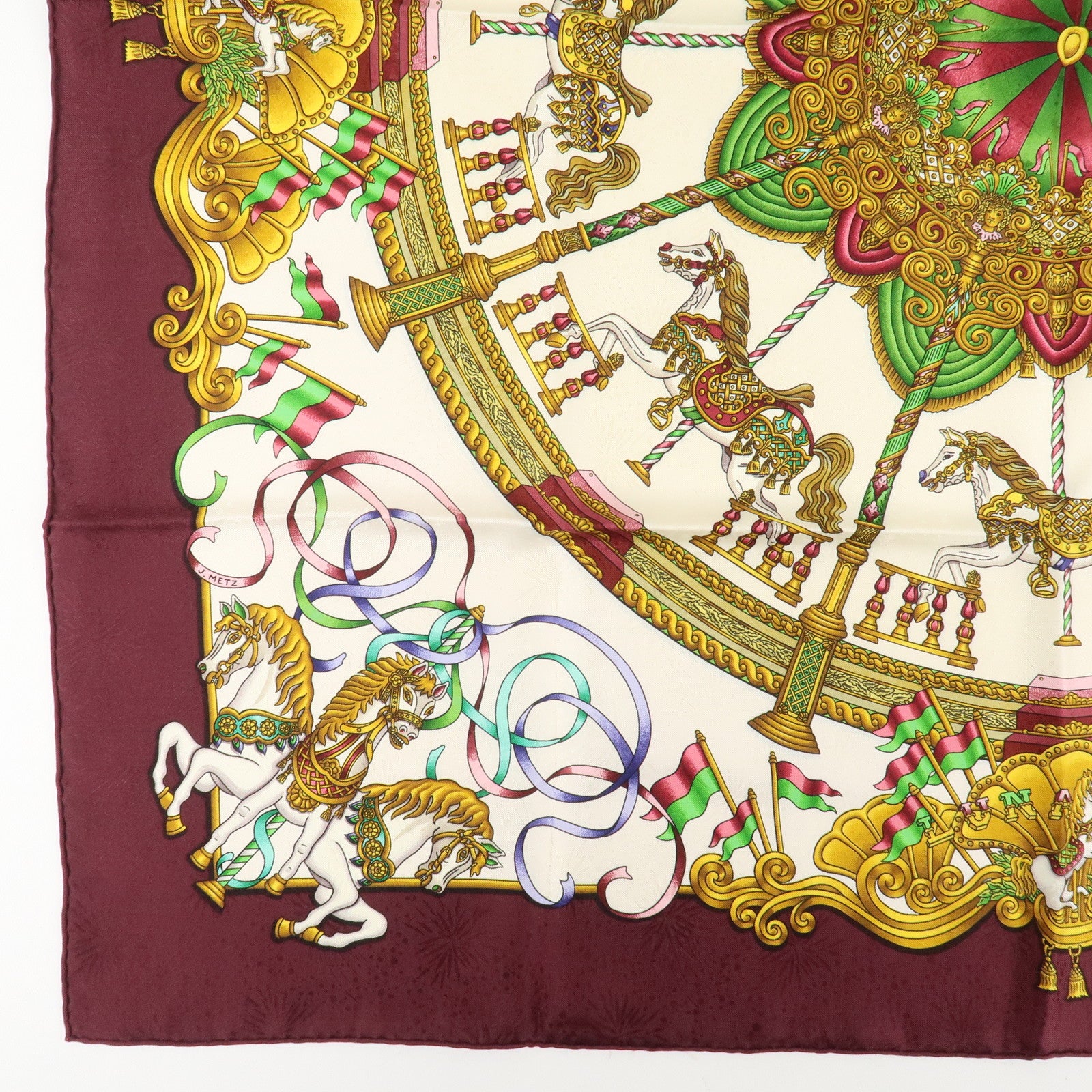 HERMES Carre 90 Silk 100% Scarf LUNA PARK Wine Red White Yellow Used