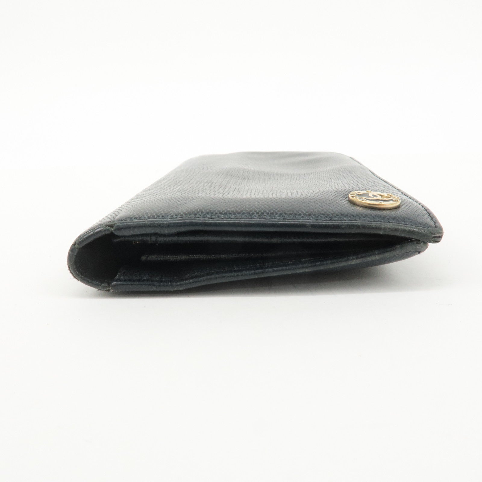 CHANEL COCO Button Leather Bi-Fold Long Wallet Black Used