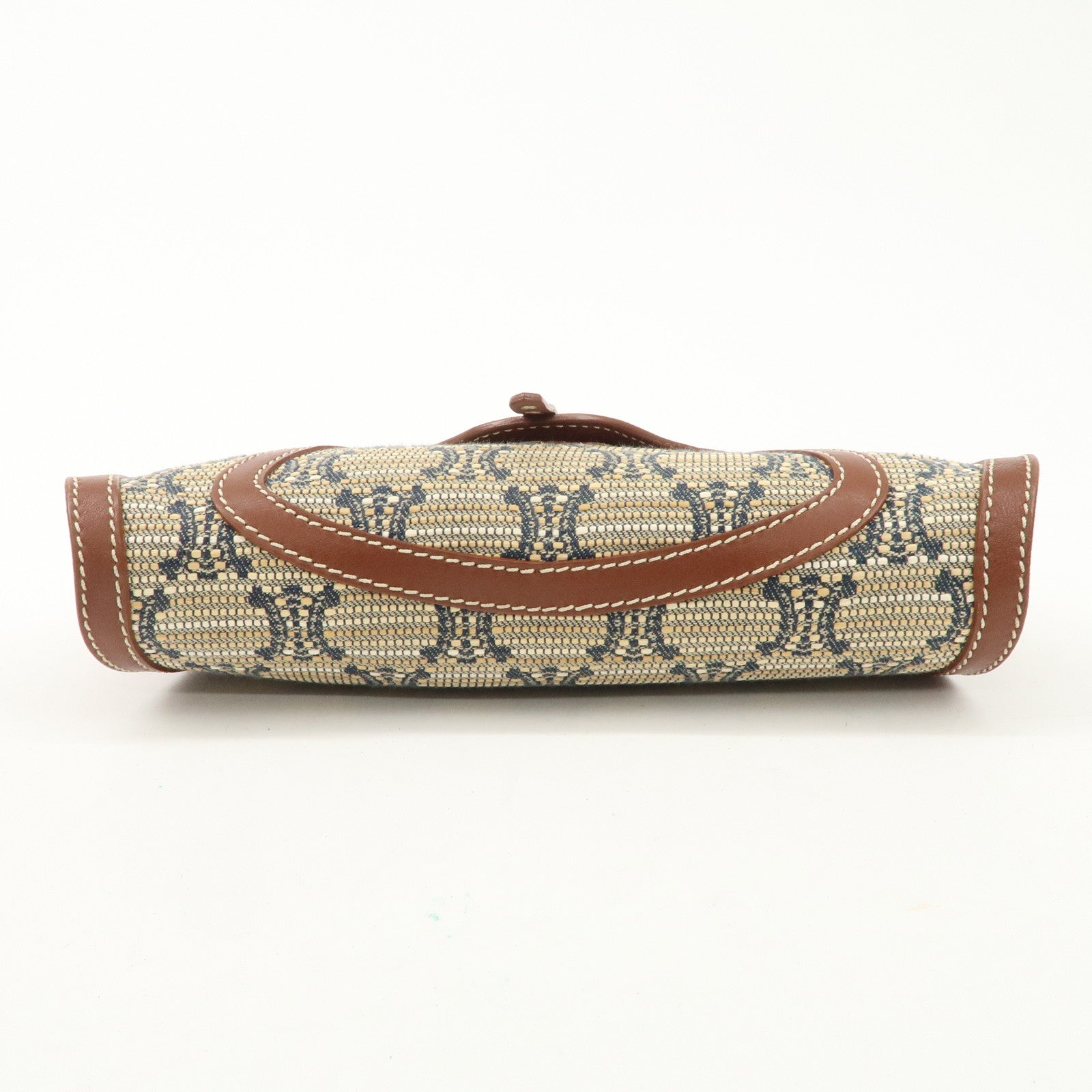 CELINE Macadam Canvas Leather Shoulder Bag Beige Navy Brown Used