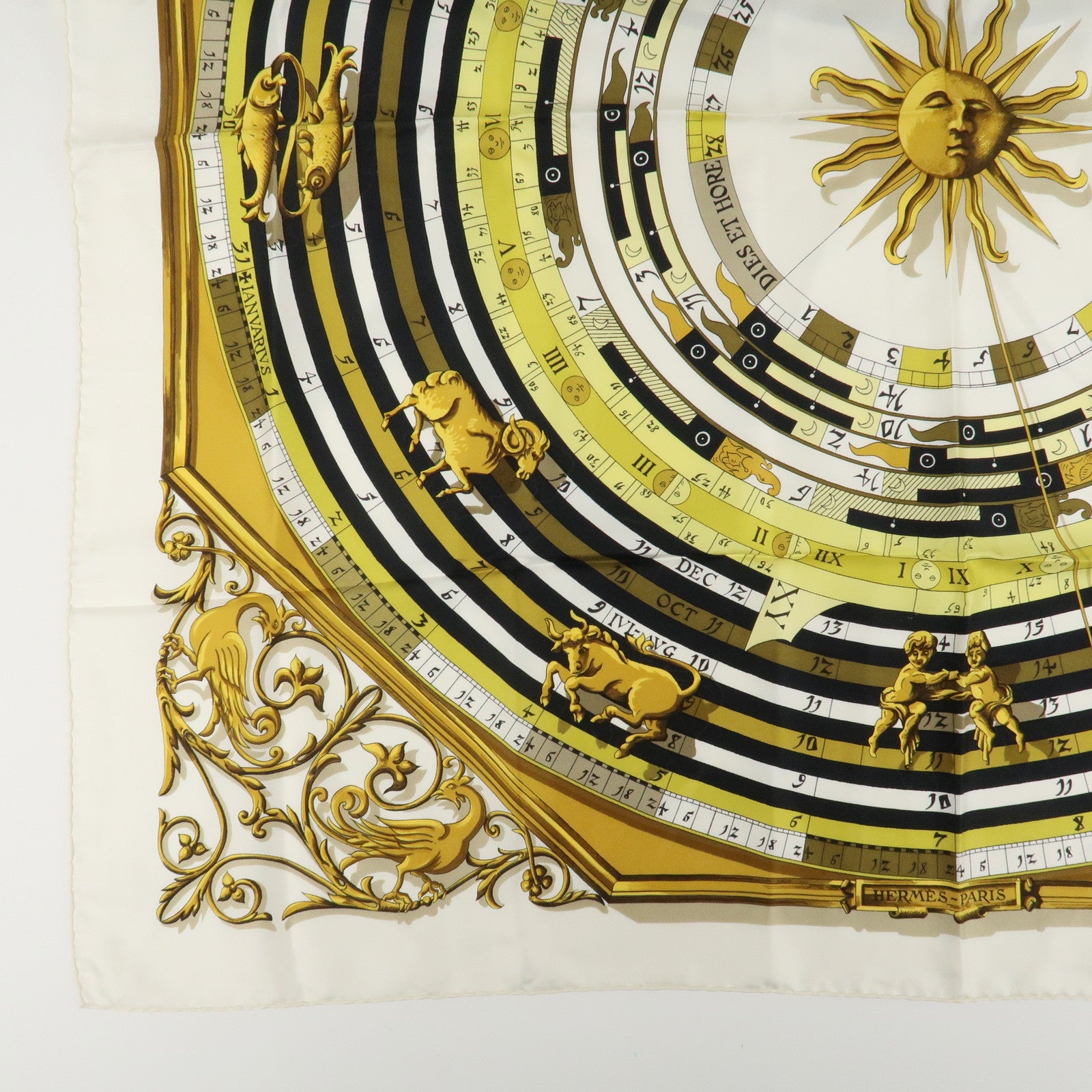 HERMES Carre 90 Silk 100% Scarf DIES ET HORE White Gold Black Used