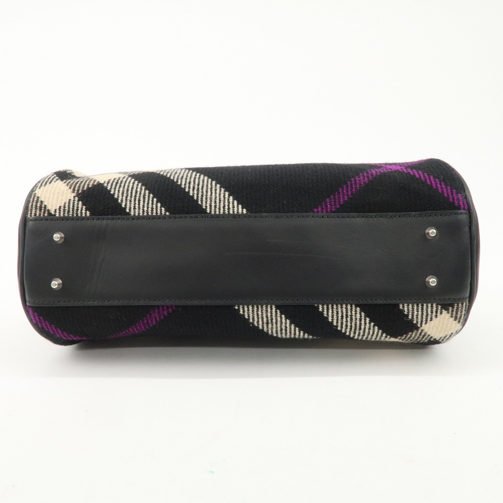 BURBERRY Wool Leather Boston Bag Hand Bag Black Beige Purple Used