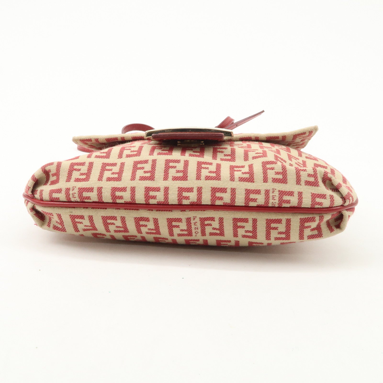 FENDI Zucchino Canvas Leather Shoulder Bag Beige Red 8BT075 Used