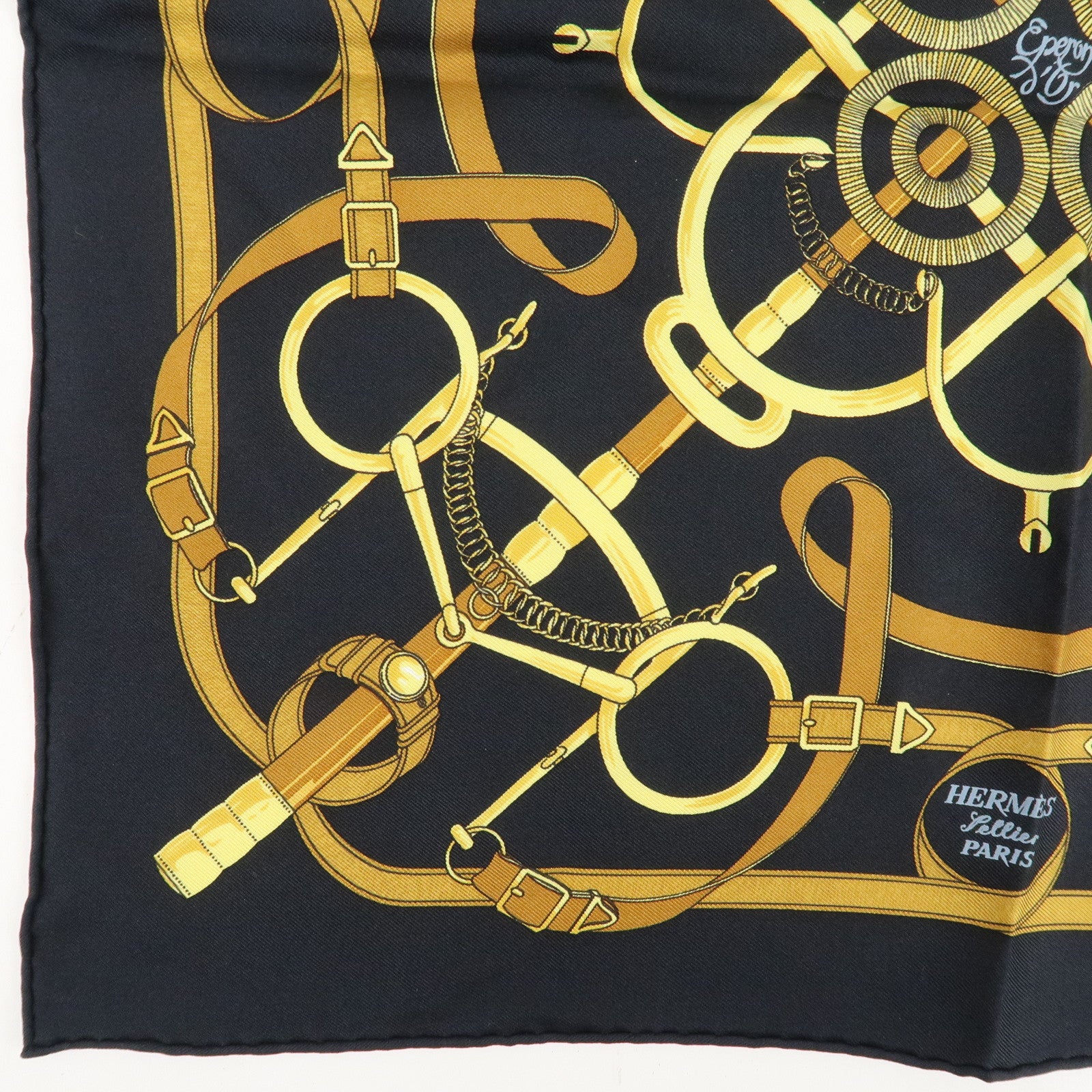 HERMES Silk 100% Carre 40 Scarf Pellier Navy Gold Used