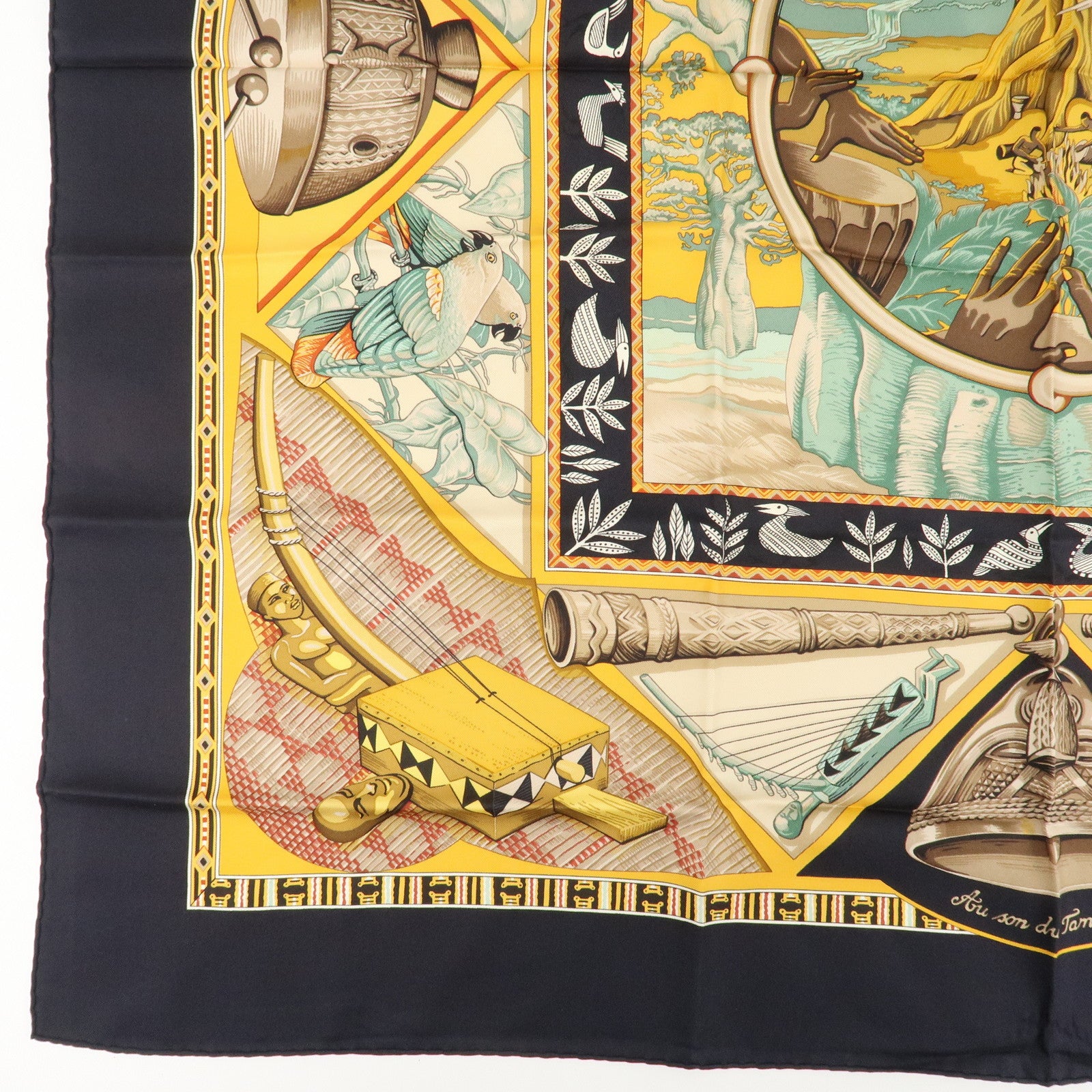 HERMES Silk 100% Carre 90 Scarf Au Son du Tam Tam Black Beige Used