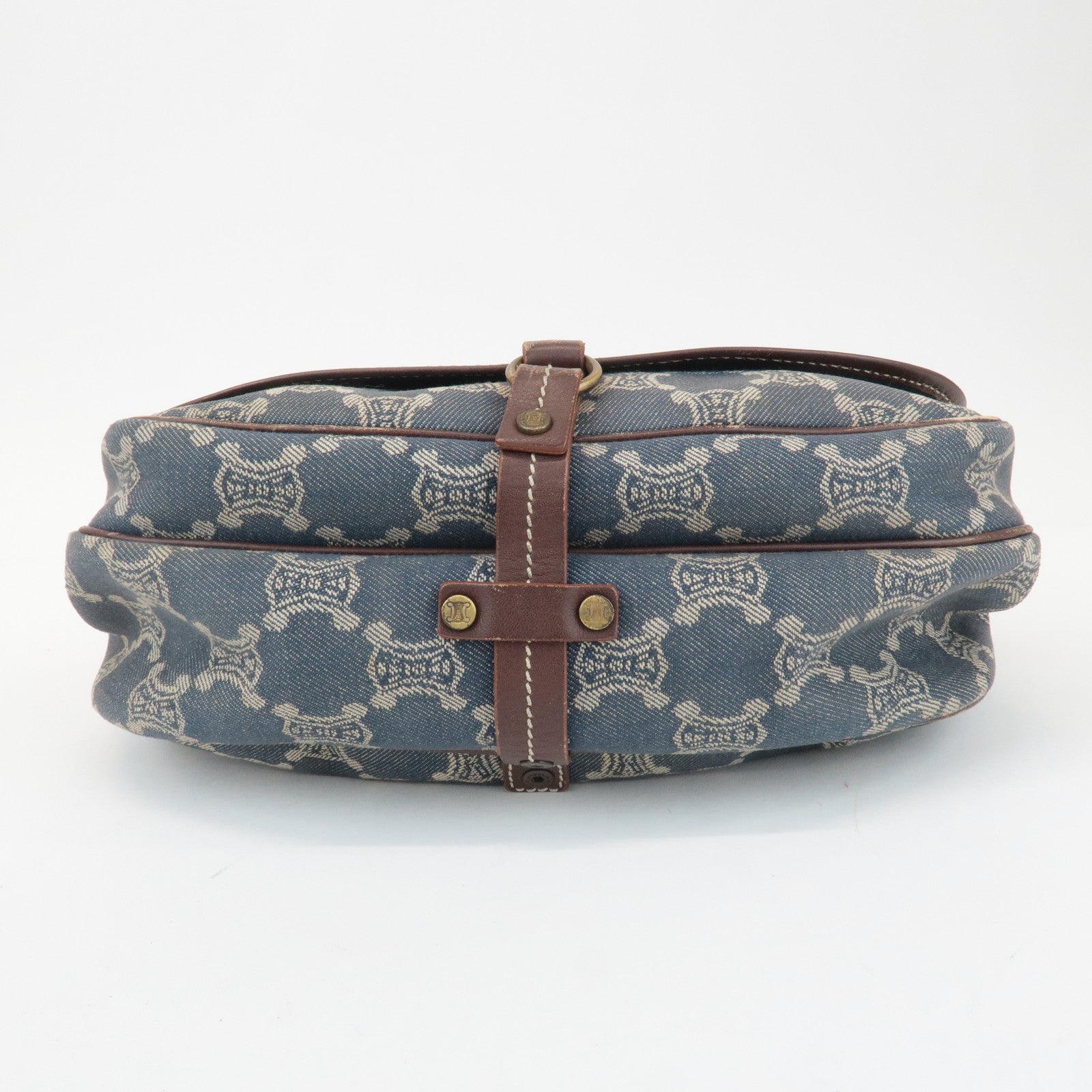 CELINE Macadam Denim Leather Shoulder Bag Blue Brown Used