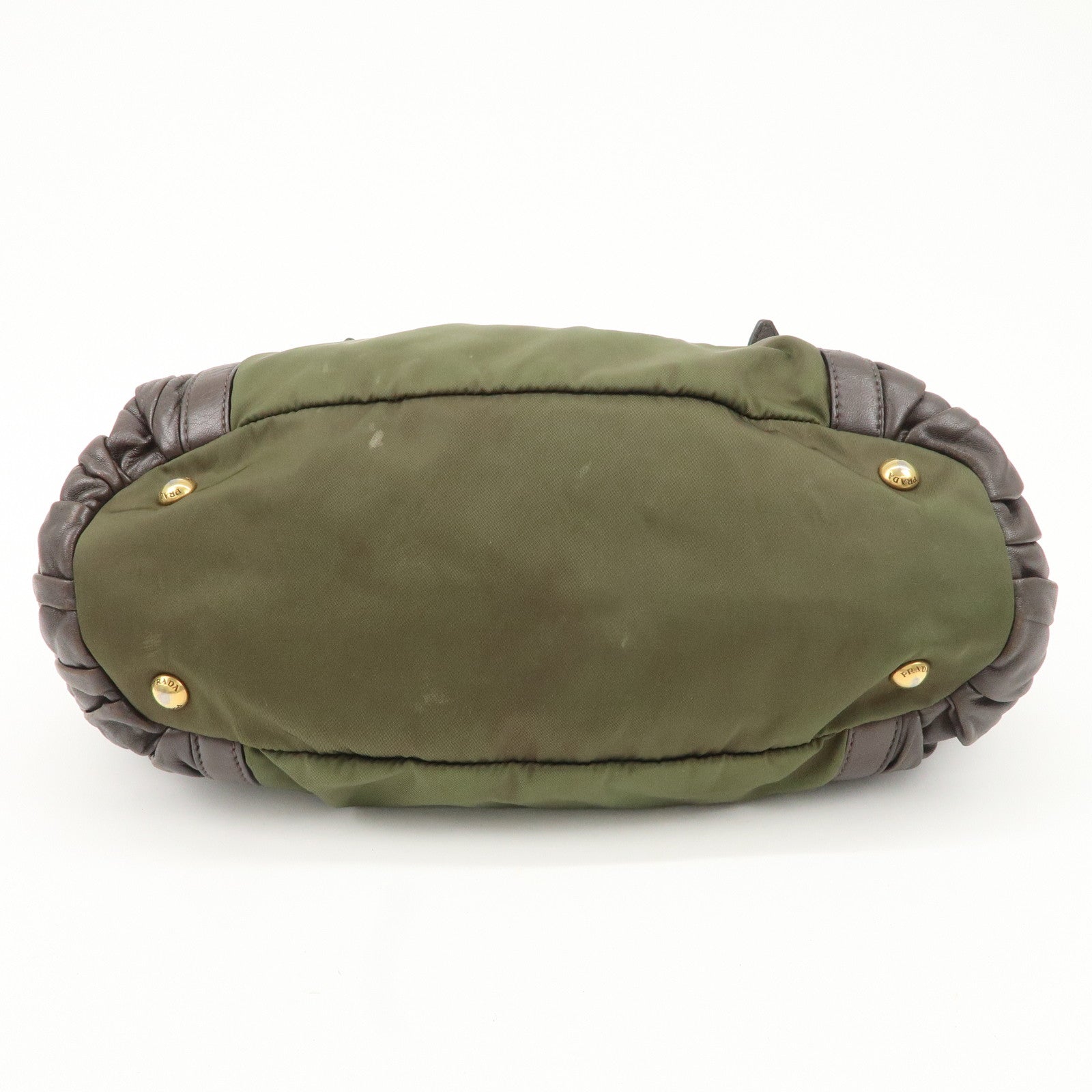 PRADA Nylon Leather Gathered Hand Bag Green Brown BN1793 Used