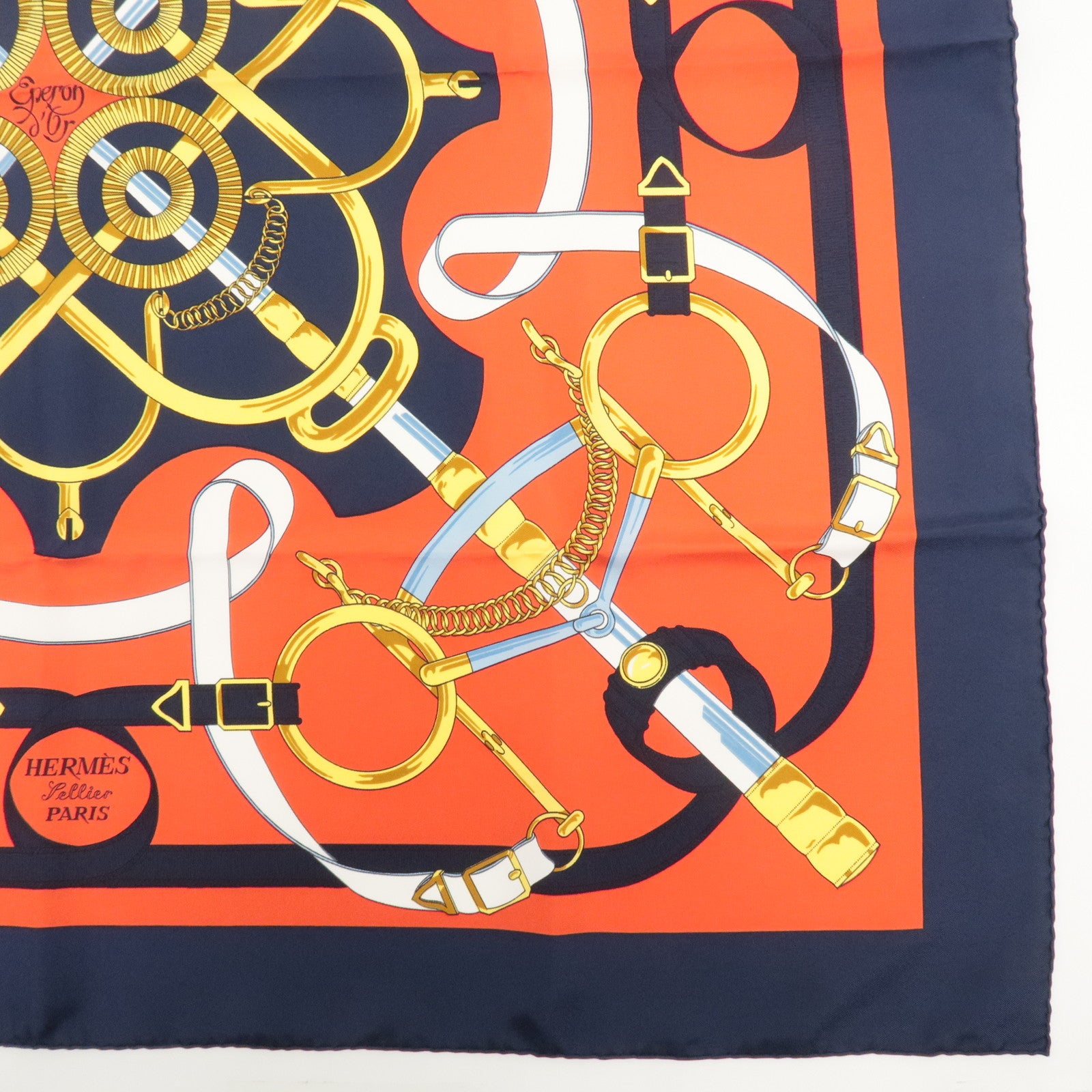 HERMES Carre 90 100% Silk Carre 90 Eperon d'or Red Navy Gold Used