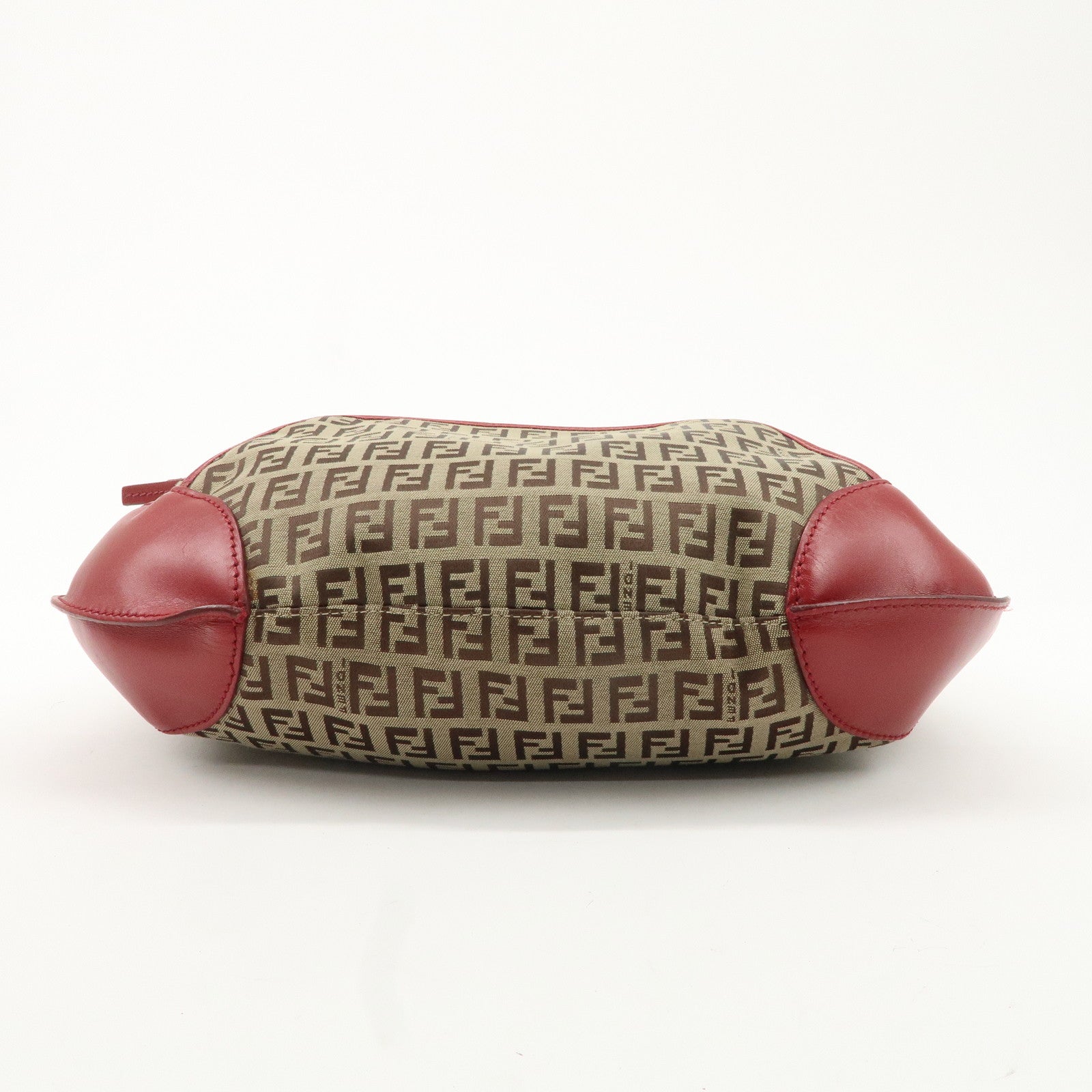 FENDI Zucchino Canvas Leather Shoulder Bag Khaki Brown Red 8BR465 Used
