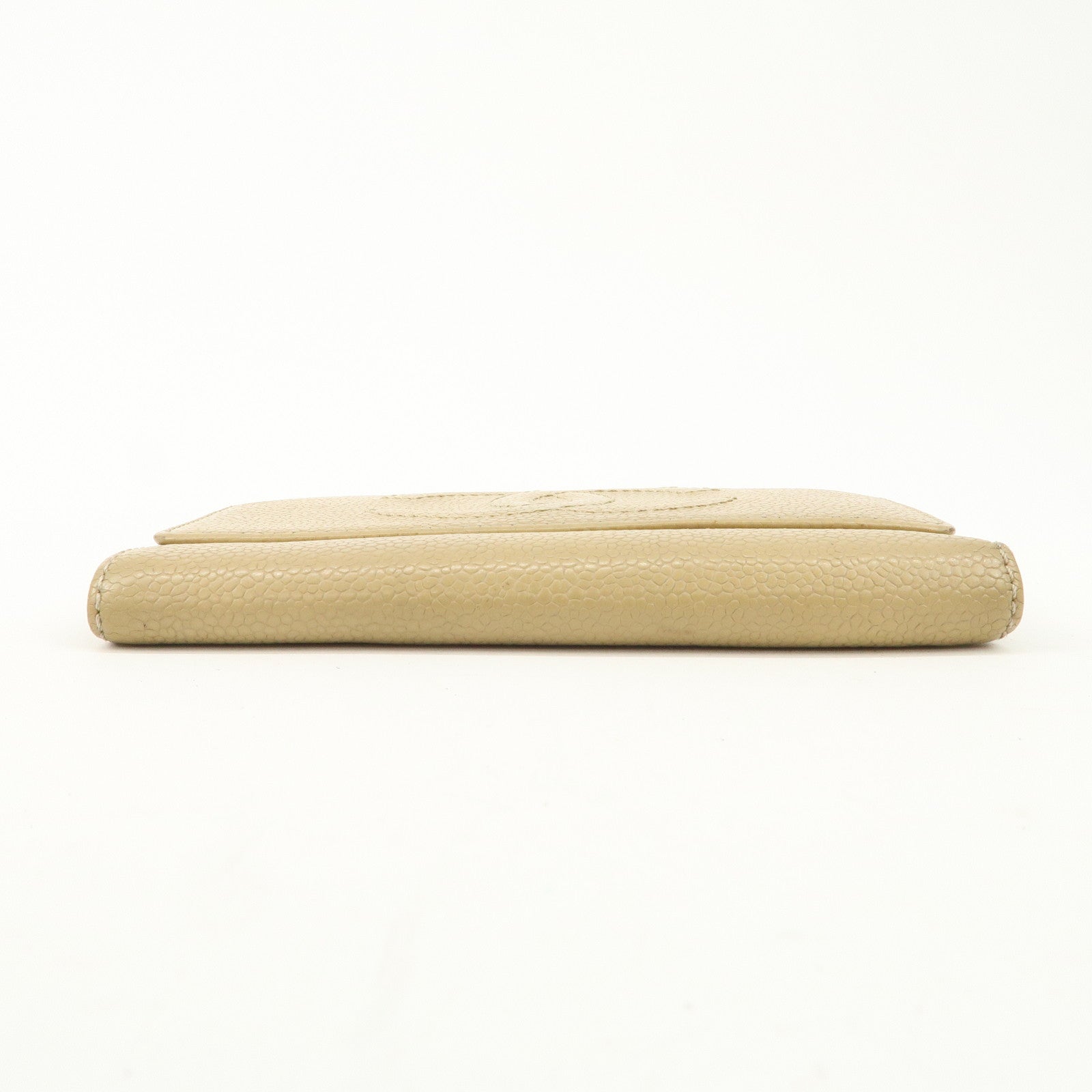 CHANEL Caviar Skin COCO Mark Tri-Fold Wallet Beige Gold Used