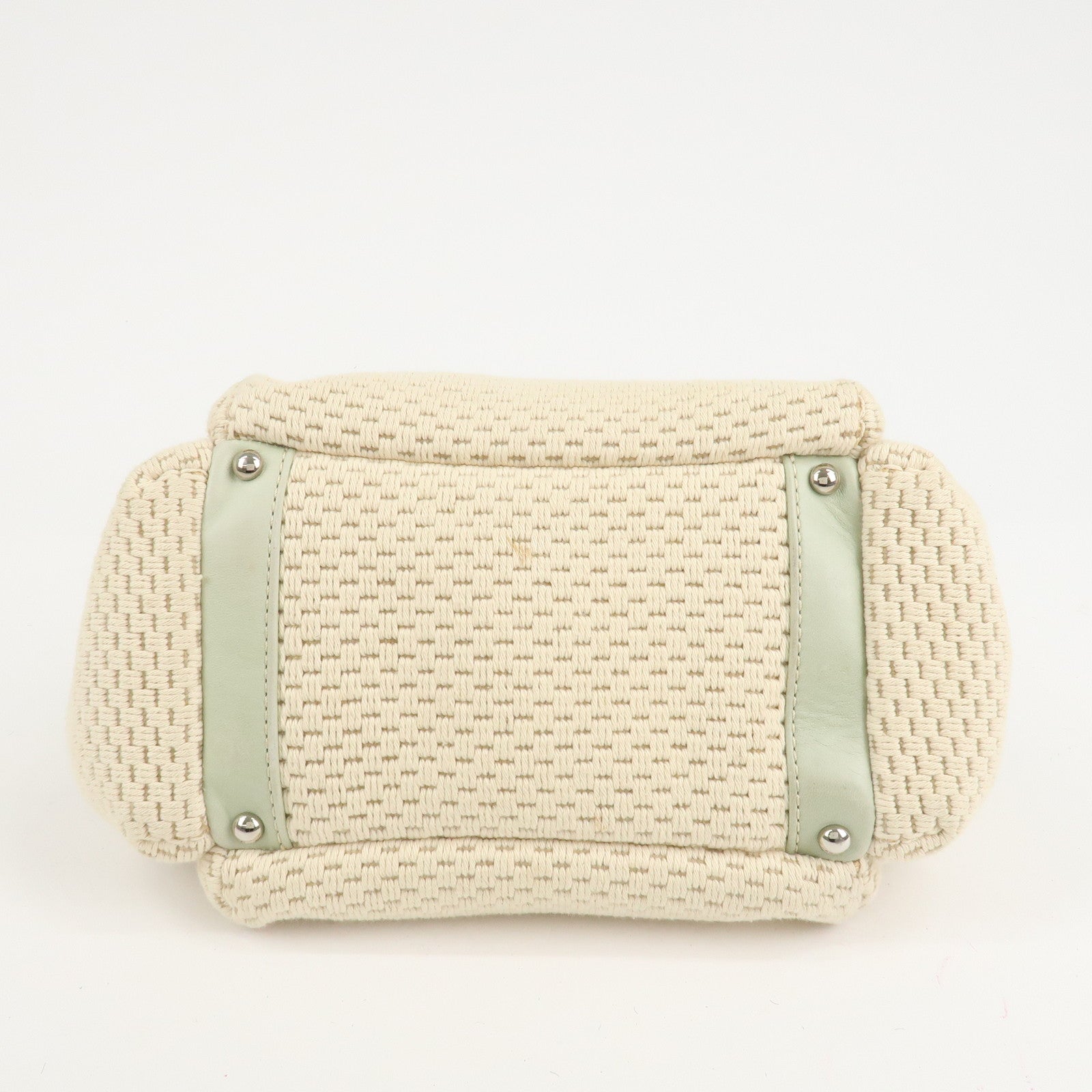 CHANEL Cotton Leather Chain Shoulder Bag Ivory Light Green Used