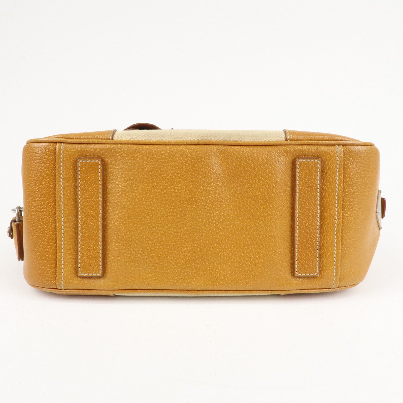 PRADA Canvas Leather Triangle Logo Boston Bag Ivory Brown Used