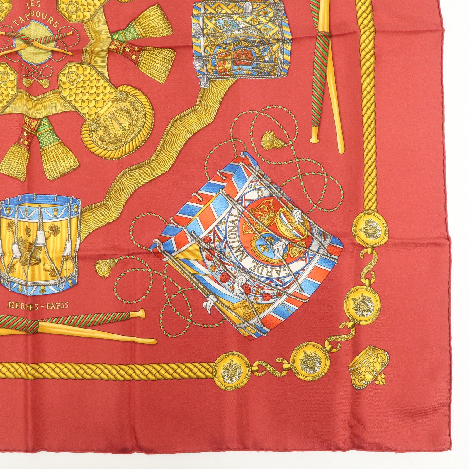 HERMES Carre 90 100% Silk Scarf LES TAMBOURS Drum Print Wine Red Used