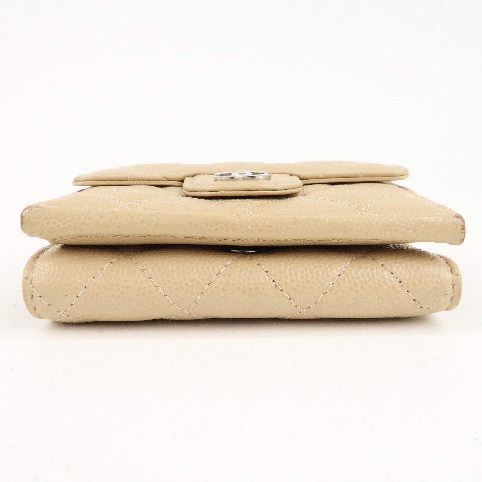 CHANEL Matelasse Cavier Skin Compact Wallet Beige Silver HDW Used