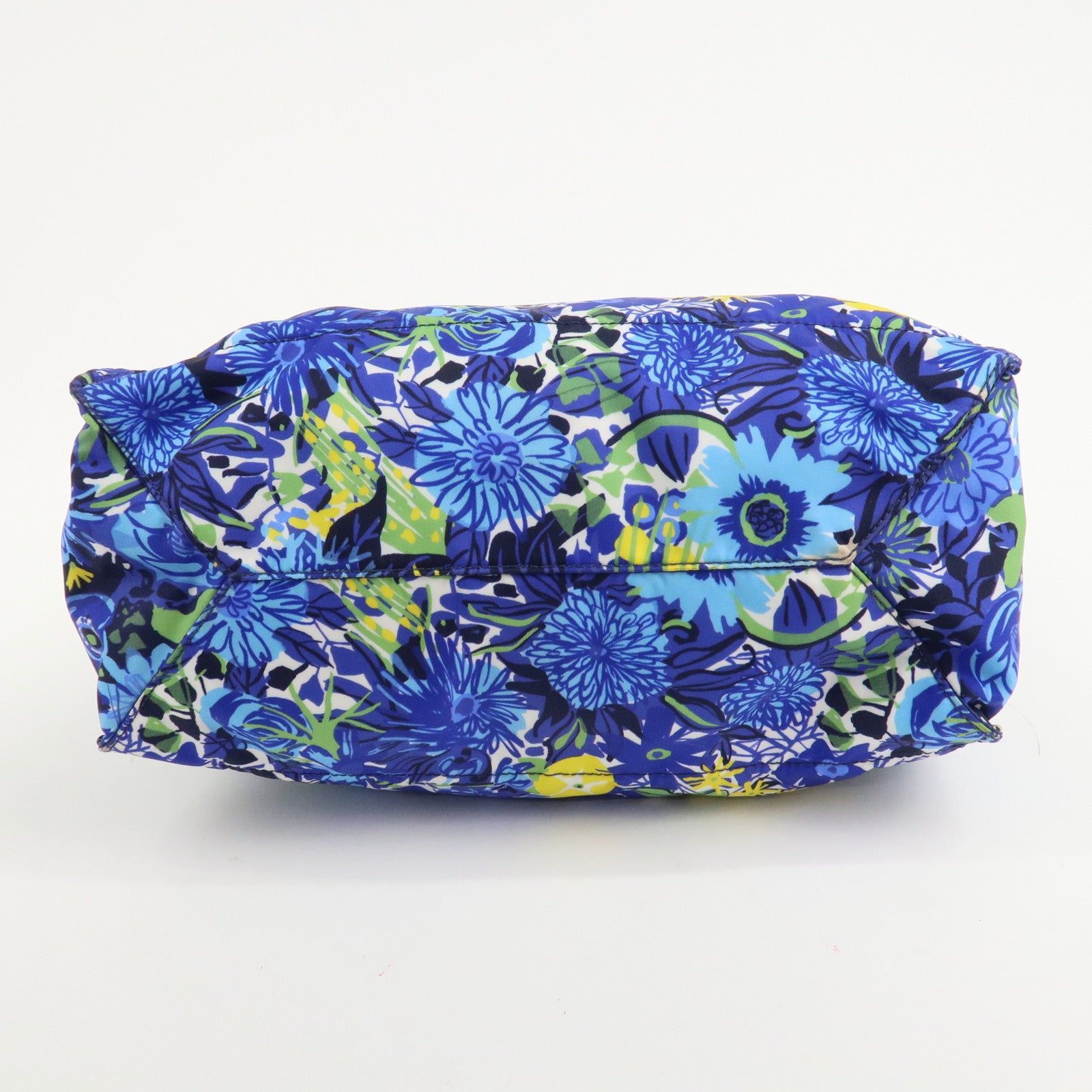 PRADA Logo Nylon Leather Tote Bag Floral Print Blue BN2851 Used