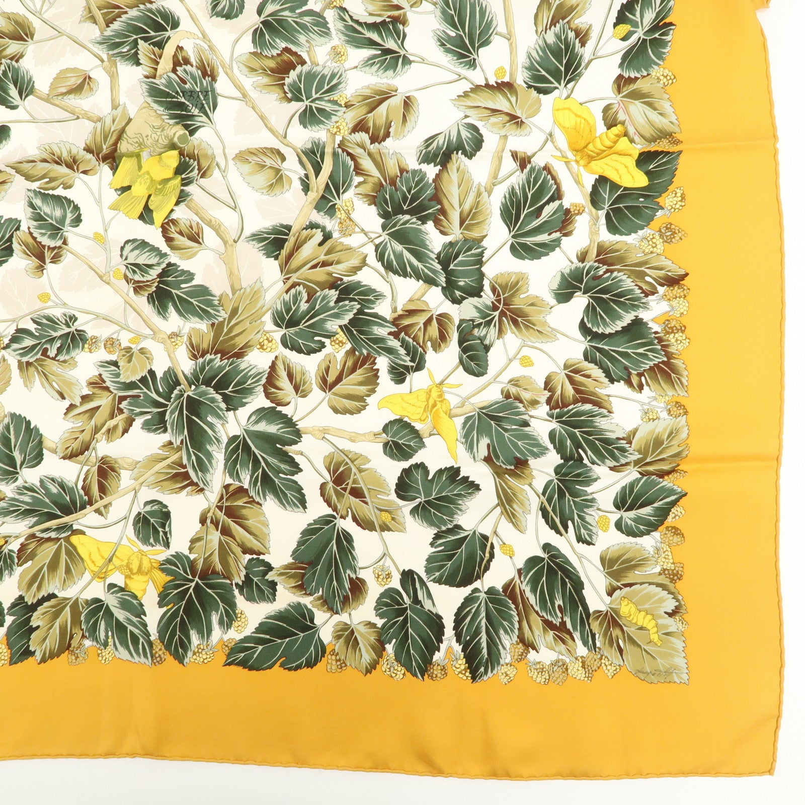 HERMES Carre 90 Silk 100% Scarf l'ARBRE de SOiE Orange Green Used