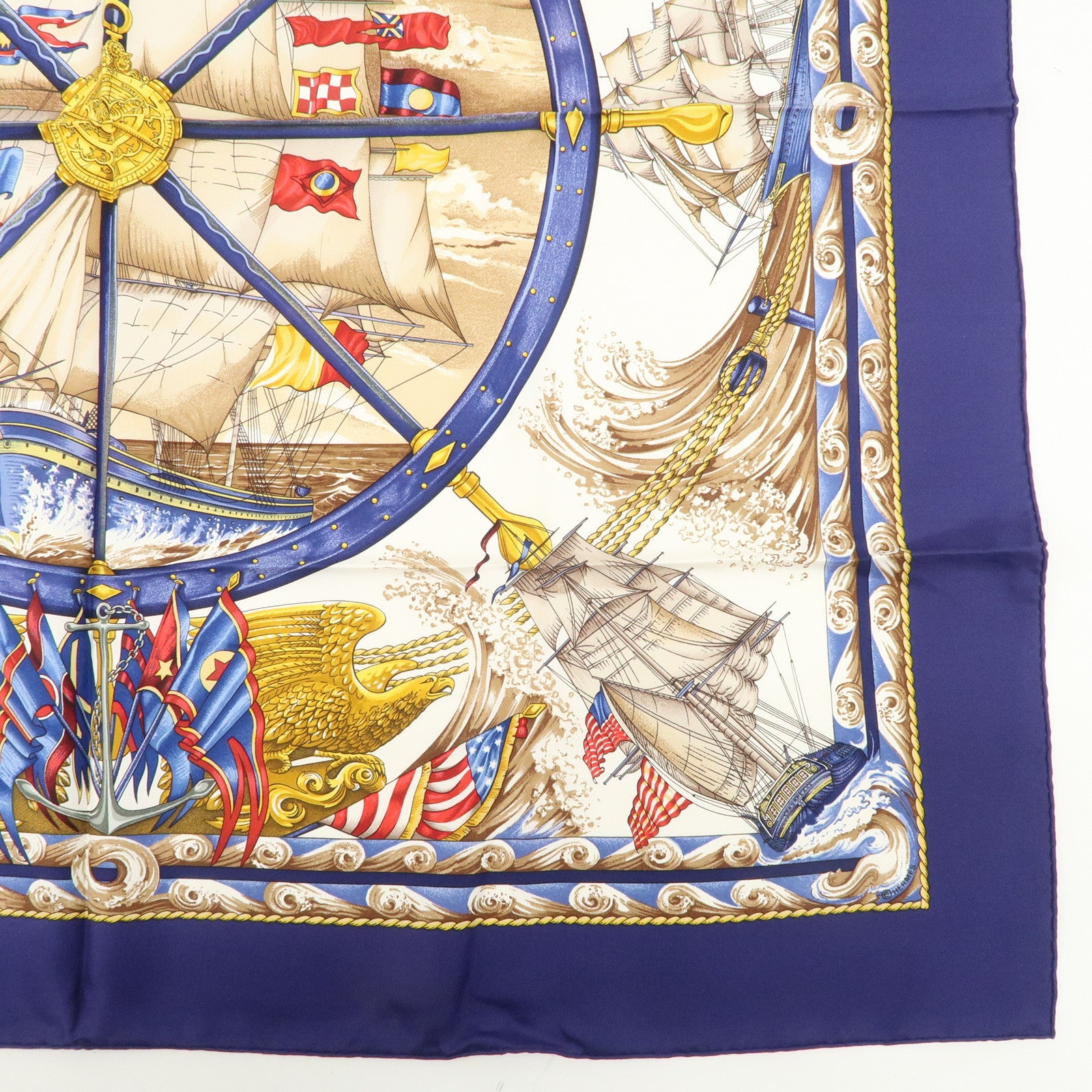 HERMES Carre 90 Silk 100% Scarf Vive levent Navy White Gold Used