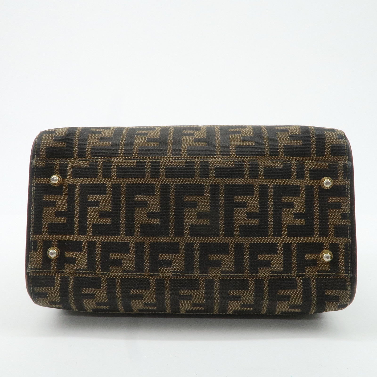 FENDI Zucca Canvas Leather Hand Bag Brown Black Used