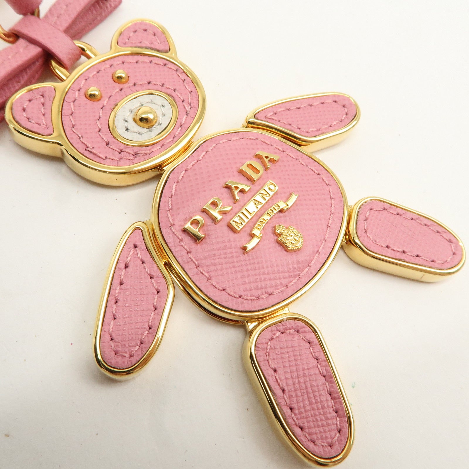 PRADA Saffiano Leather Metal Bear Bag Charm Key Chain Pink Used