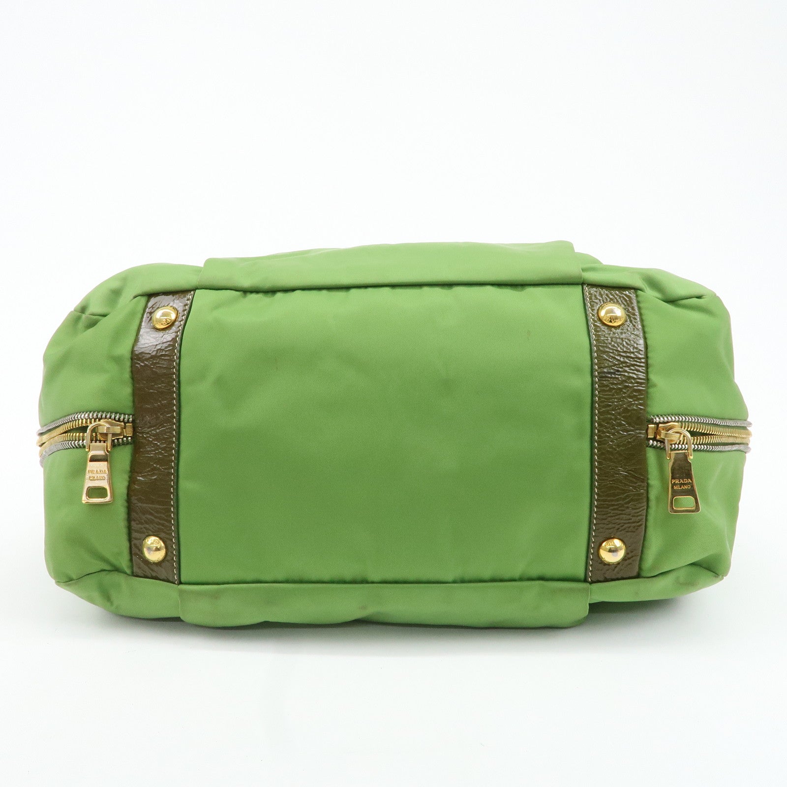 PRADA Nylon Patent Leather Tote Bag Shoulder Bag Green Khaki Used