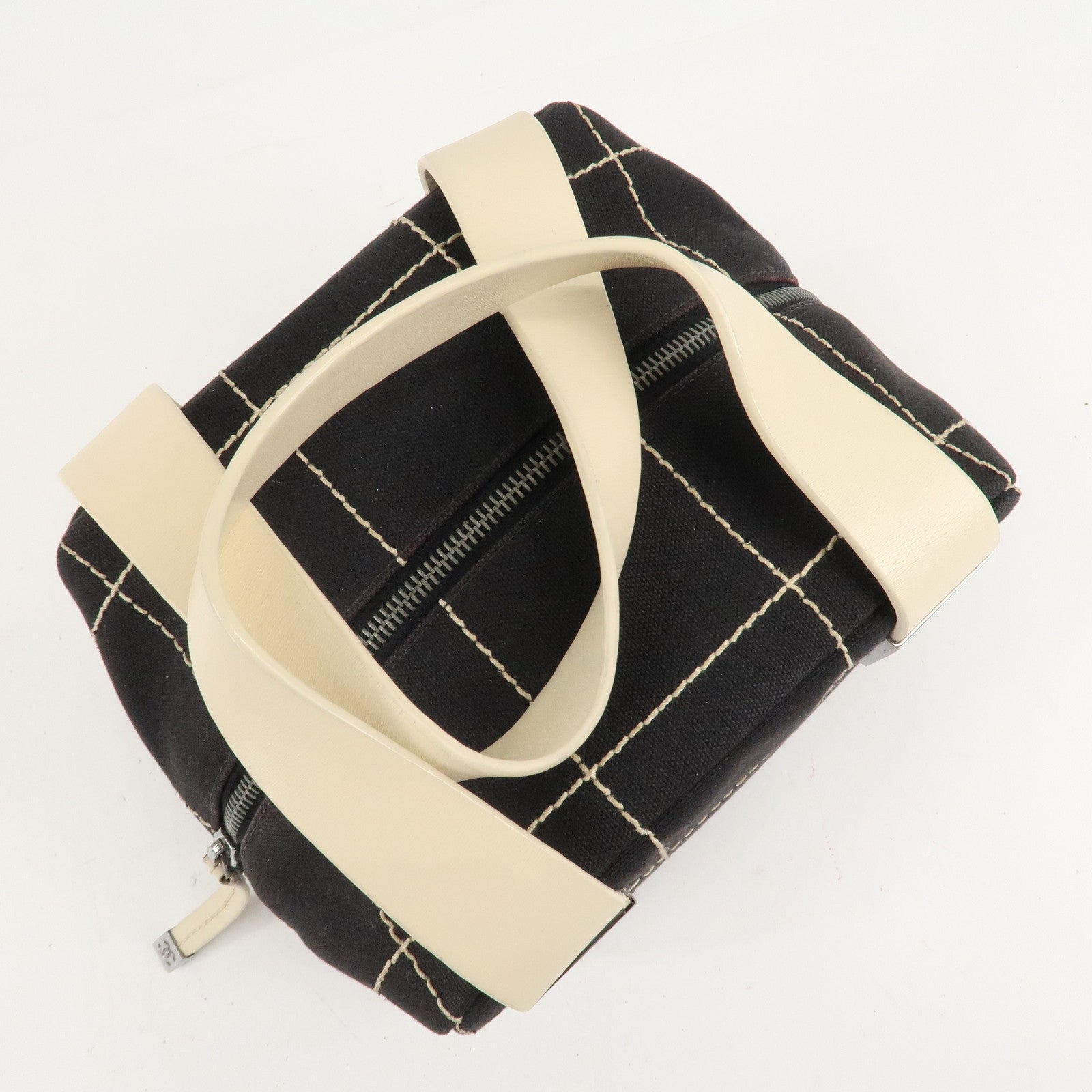 CHANEL Chocolate Bar Stitch Canvas Leather Mini Boston Bag Black Used