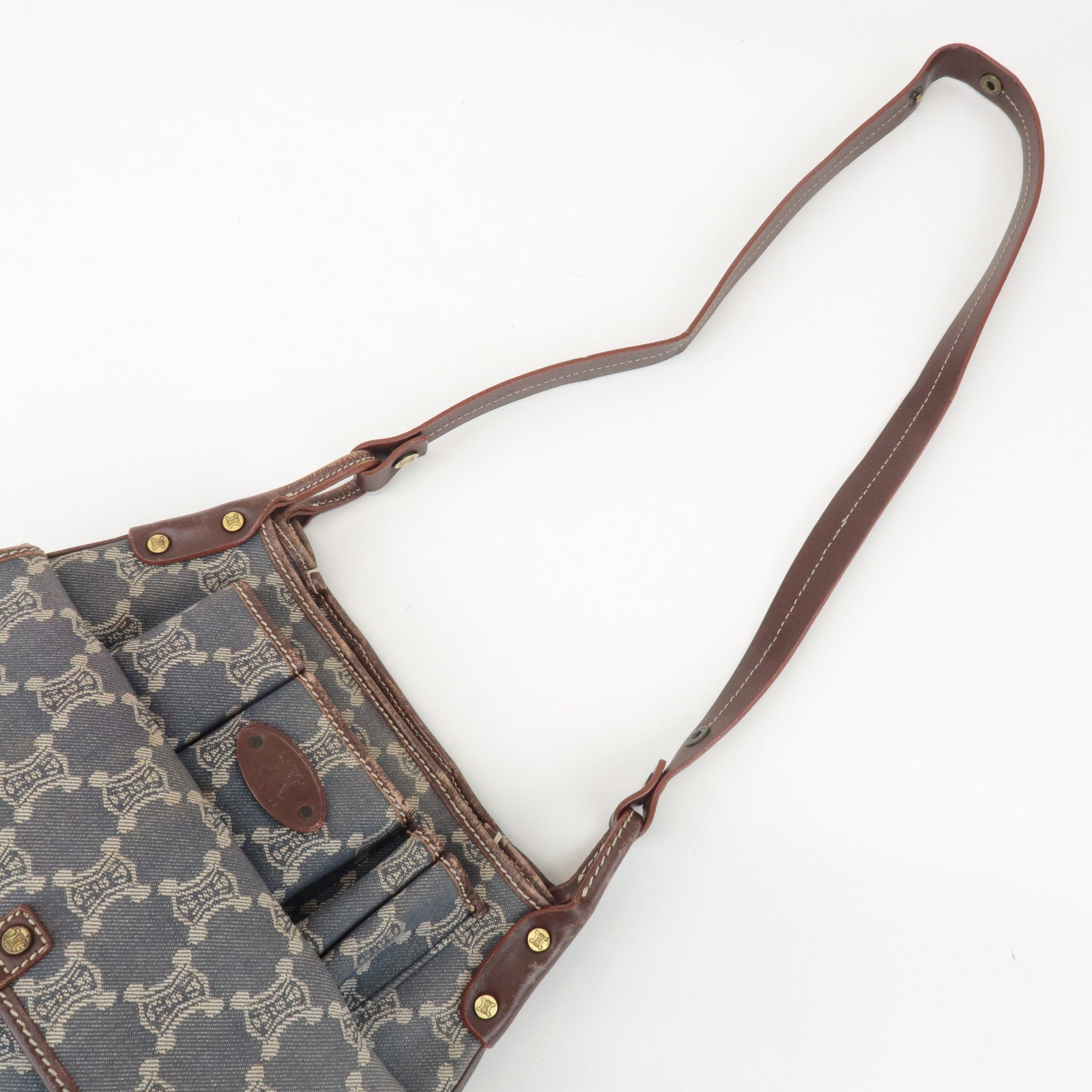 CELINE Macadam Denim Leather Shoulder Bag Blue Brown Used