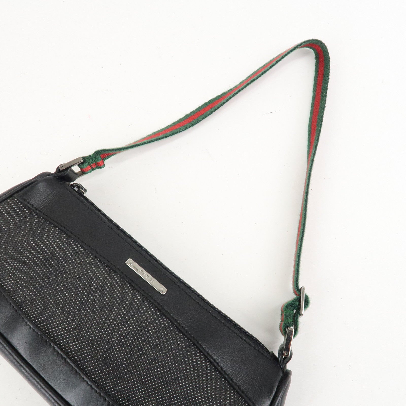 GUCCI Sherry Canvas Leather Accessory Pouch Hand Bag Black 92820 Used