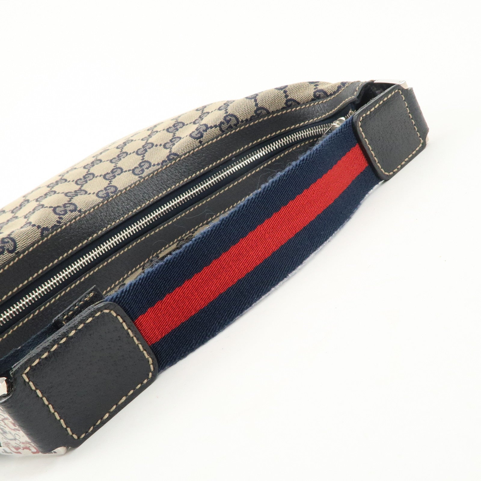 GUCCI Sherry GG Canvas Leather Shoulder Bag Beige Navy 145757 Used