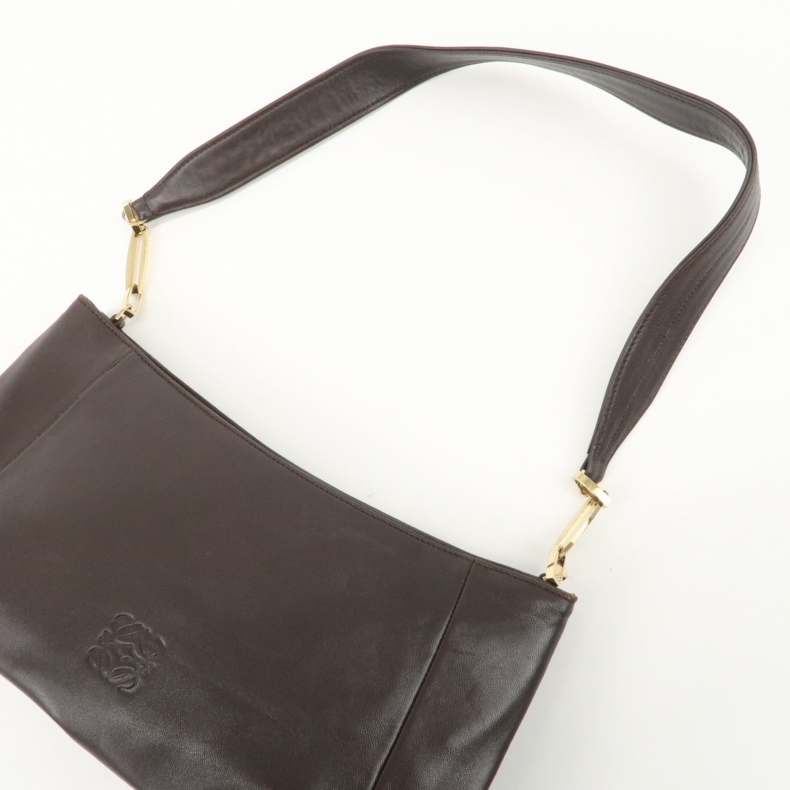 LOEWE Anagram Leather Shoulder Bag Hand Bag Gold HDW Brown Used