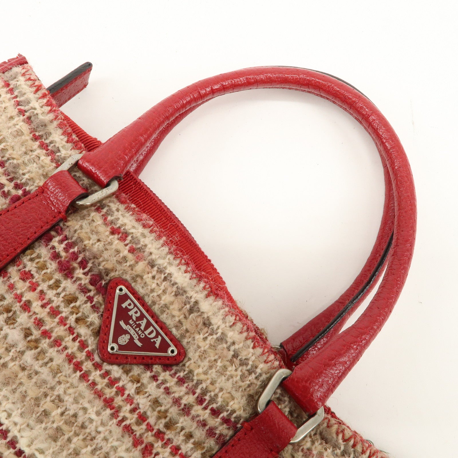 PRADA Logo Tweed Leather Hand Bag Beige Red Used