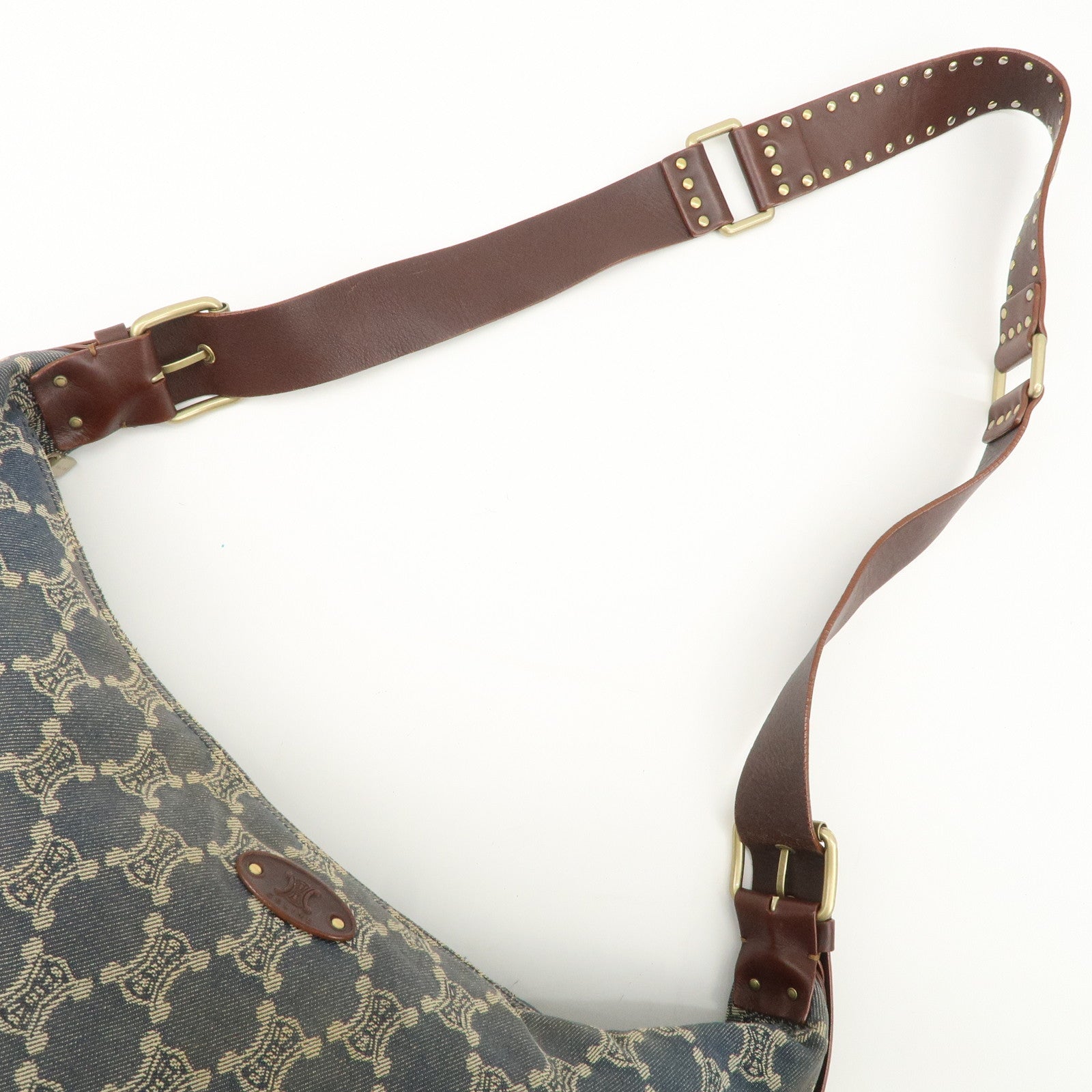 CELINE Macadam Canvas Leather Shoulder Bag Blue Brown Used