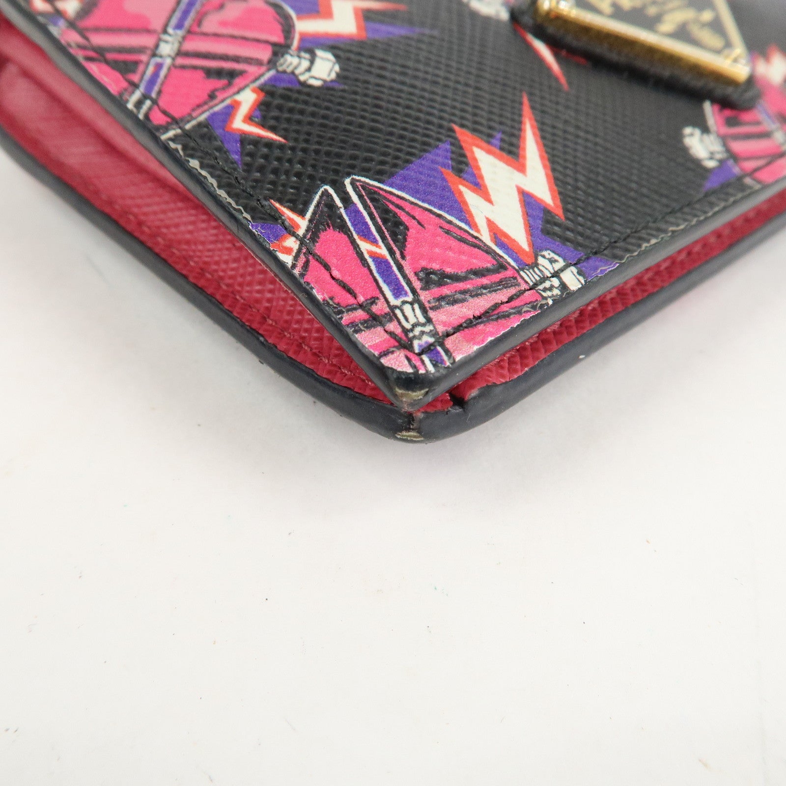 PRADA Logo Saffiano Leather Heart Print Bi-fold Wallet 1MV204 Used