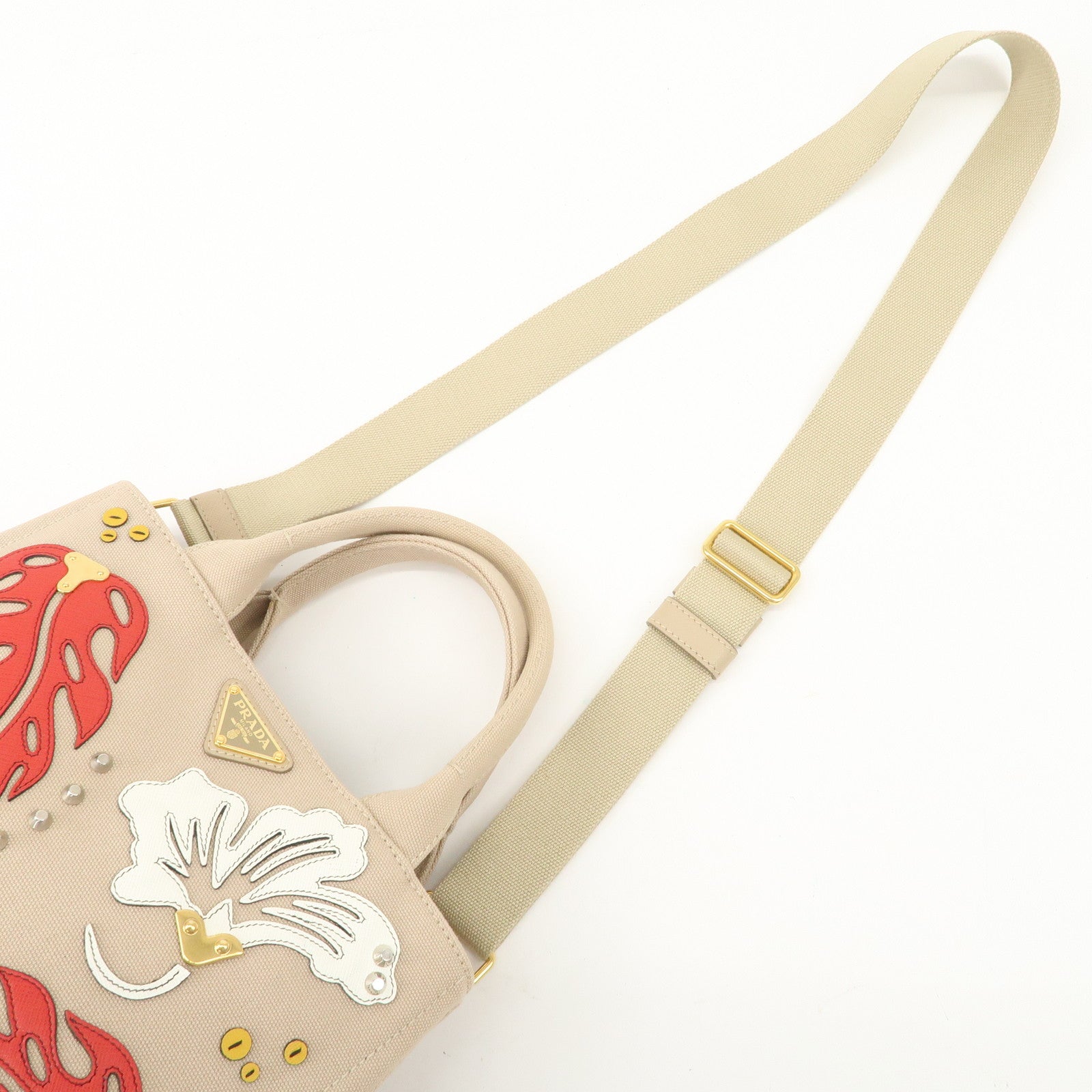 PRADA Hibiscus Canapa Mini Canvas Leather 2Way Bag Beige 1BG439 Used