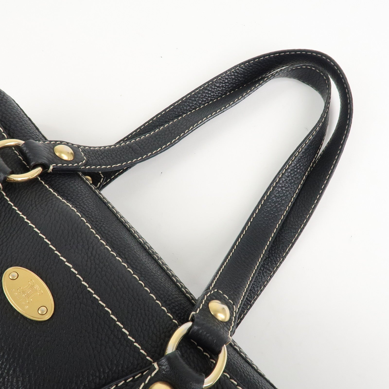 CELINE Leather Macadam Engraved Boston Bag Shoulder Bag Black Used