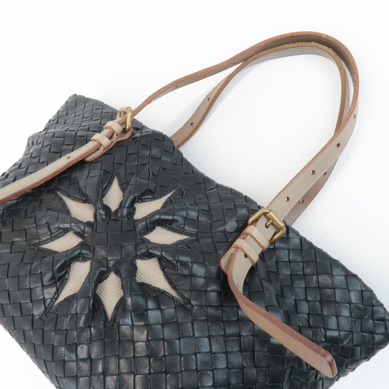 BOTTEGA VENETA Intrecciato Leather Tote Bag Balck Beige 169759 Used