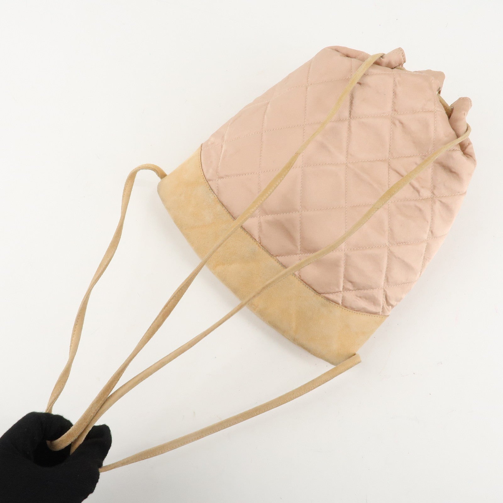CHANEL Matelasse Satin Suede Back Pack Ruck Sack Pink Beige Used