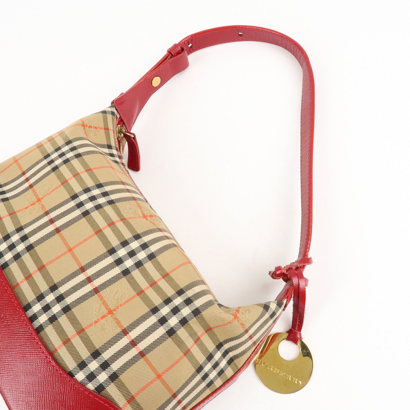BURBERRY Nova Plaid Canvas Leather Shoulder Bag Hand Bag Red Used