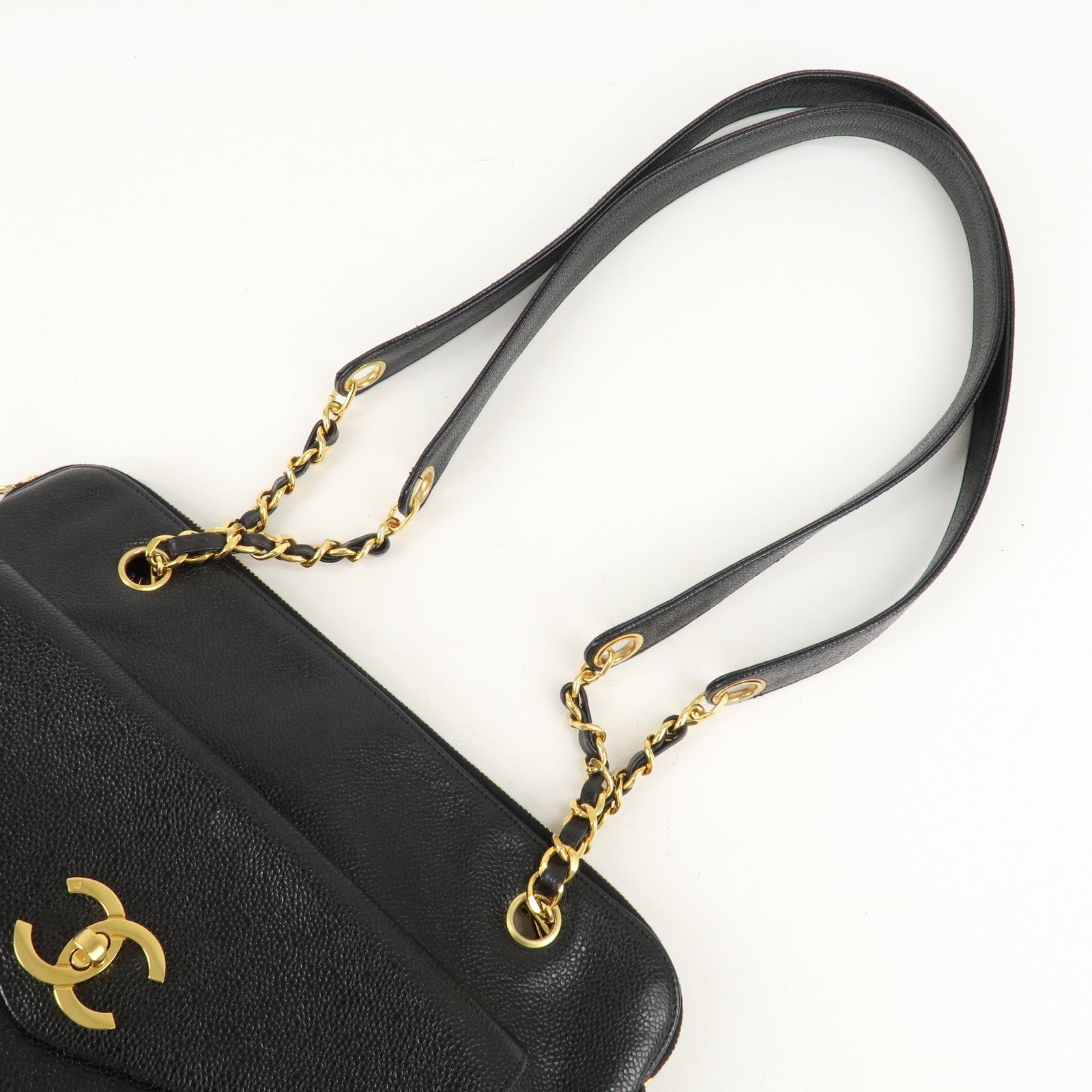 CHANEL COCO Mark Caviar Skin Chain Tote Bag Black Gold Used