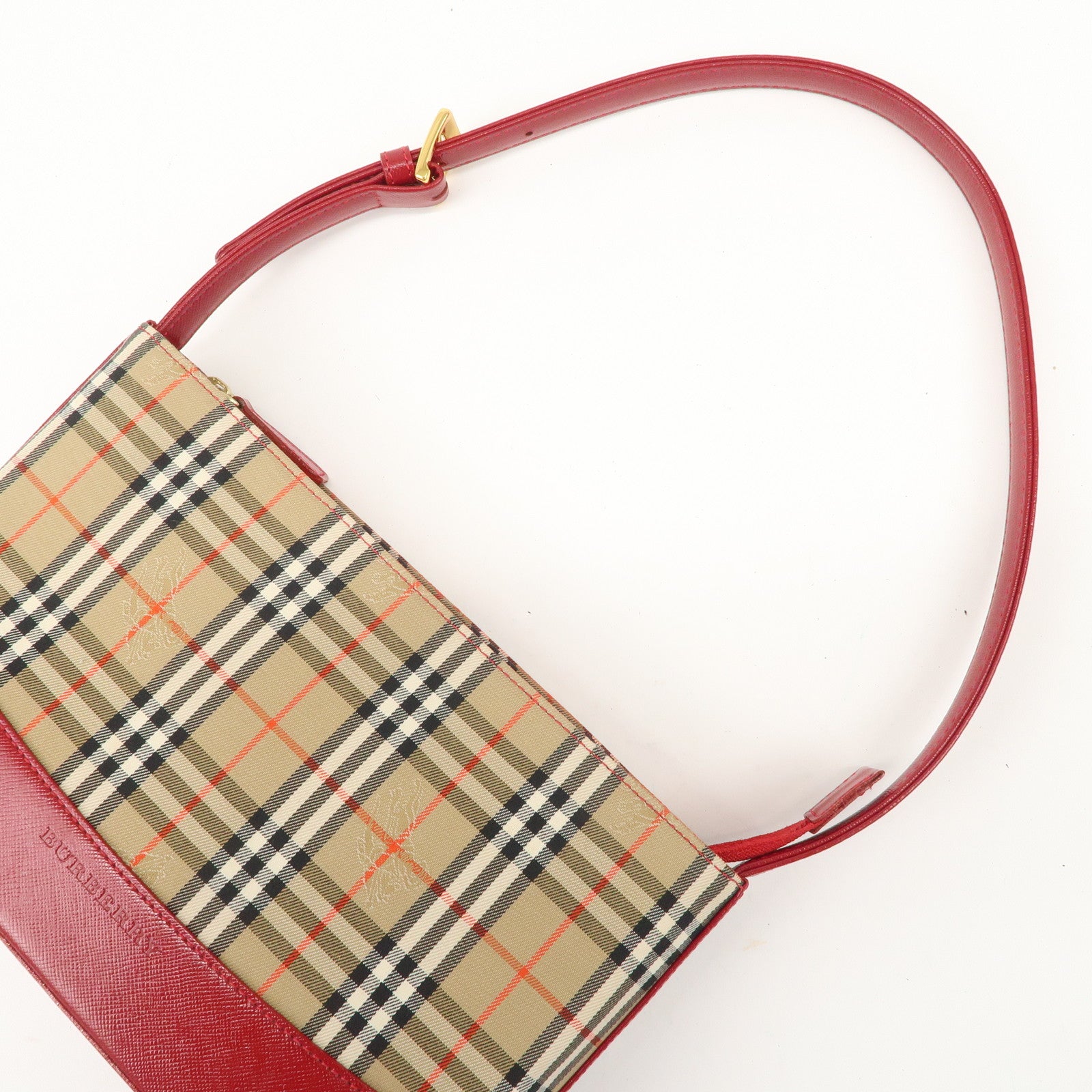 BURBERRY Nova Plaid Canvas Leather Shoulder Bag Hand Bag Red Used