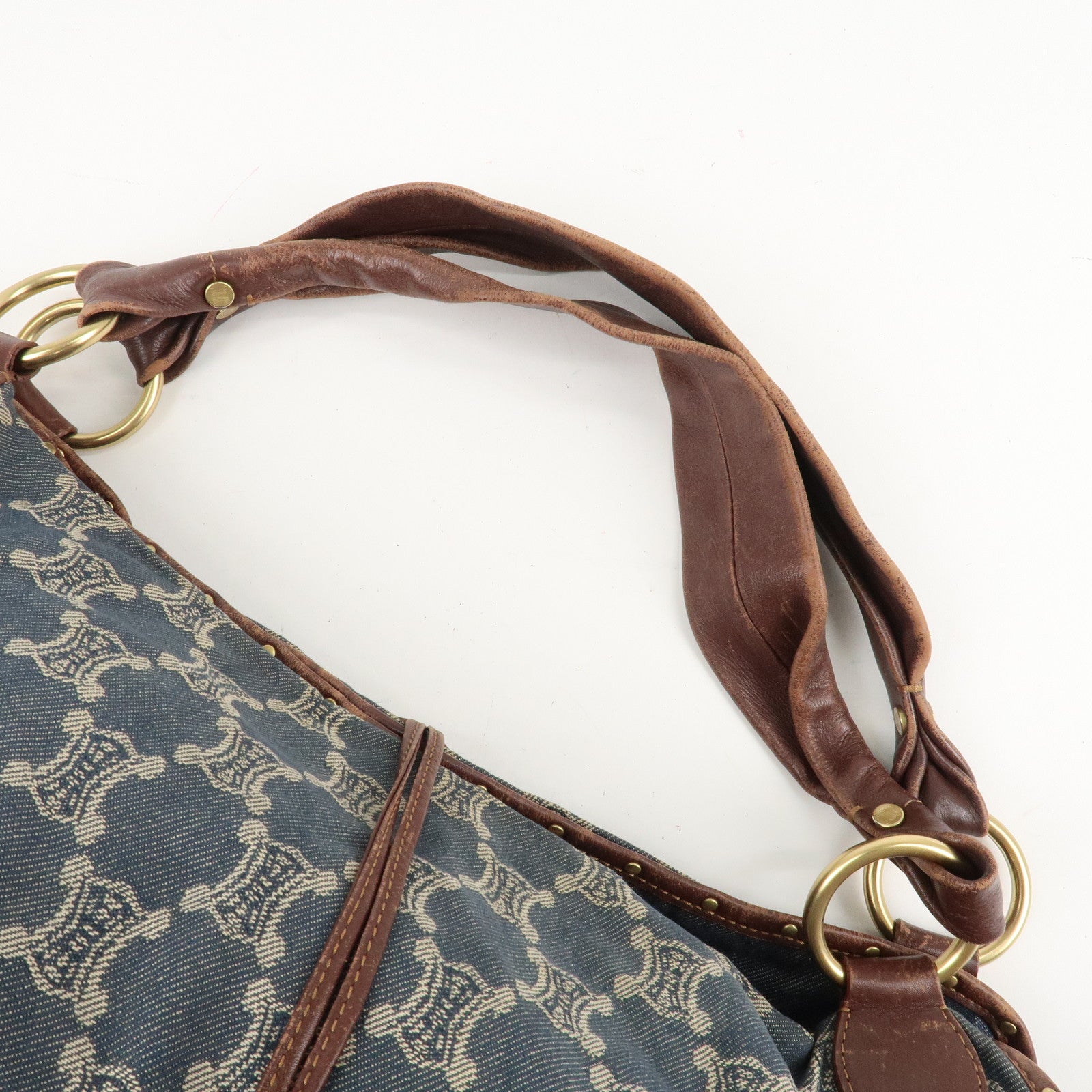 CELINE Macadam Denim Leather Bittersweet Shoudler Bag Navy Brown Used