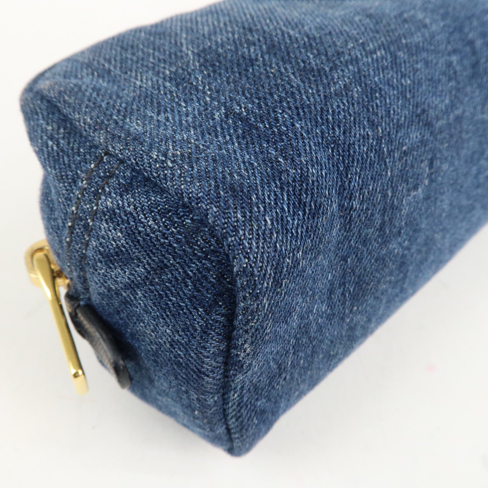 PRADA Triangle Logo Denim Pouch Cosmetic Pouch Blue Used